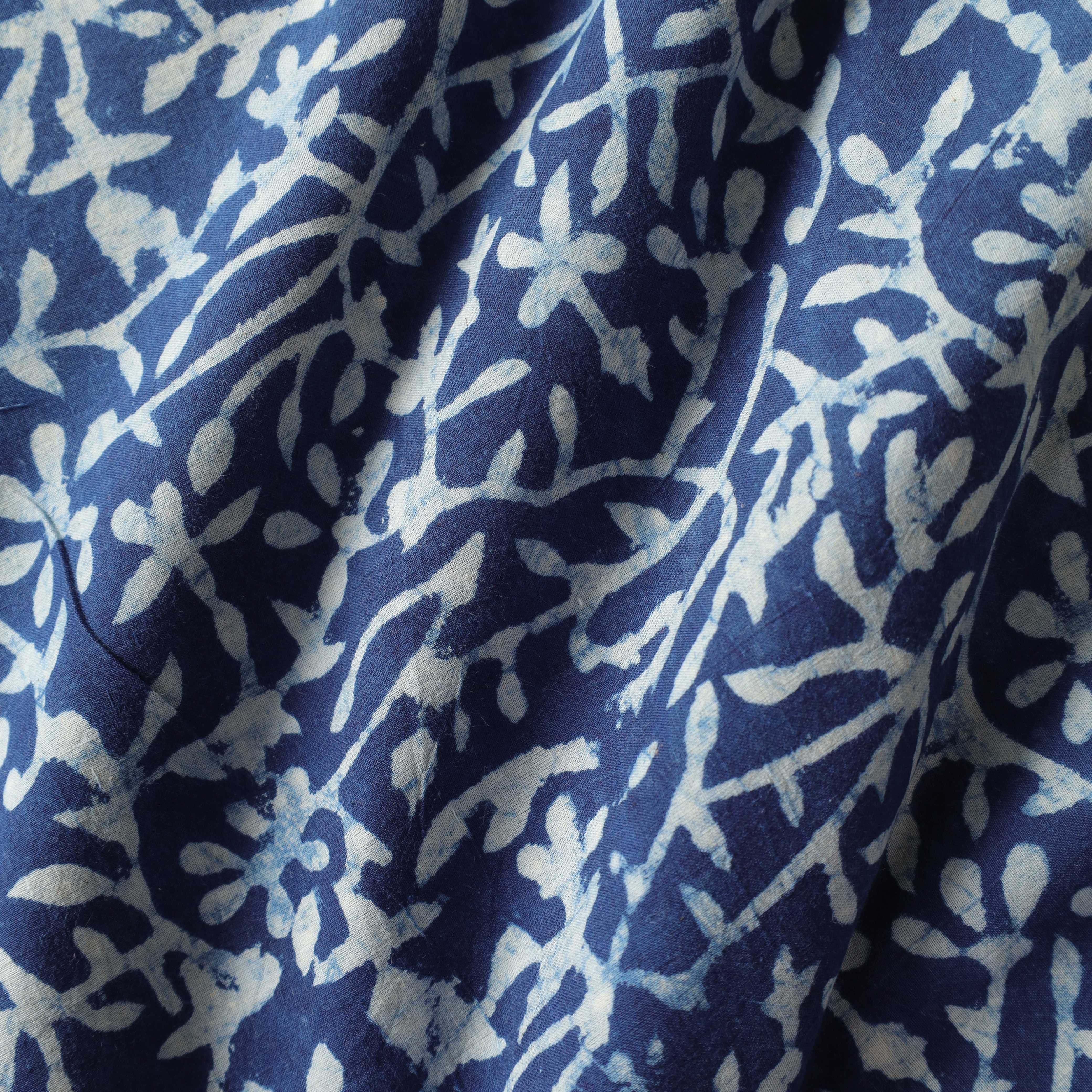 Indigo Hand Block Printed Cotton Fabric - Traditional Floral Vine Motif