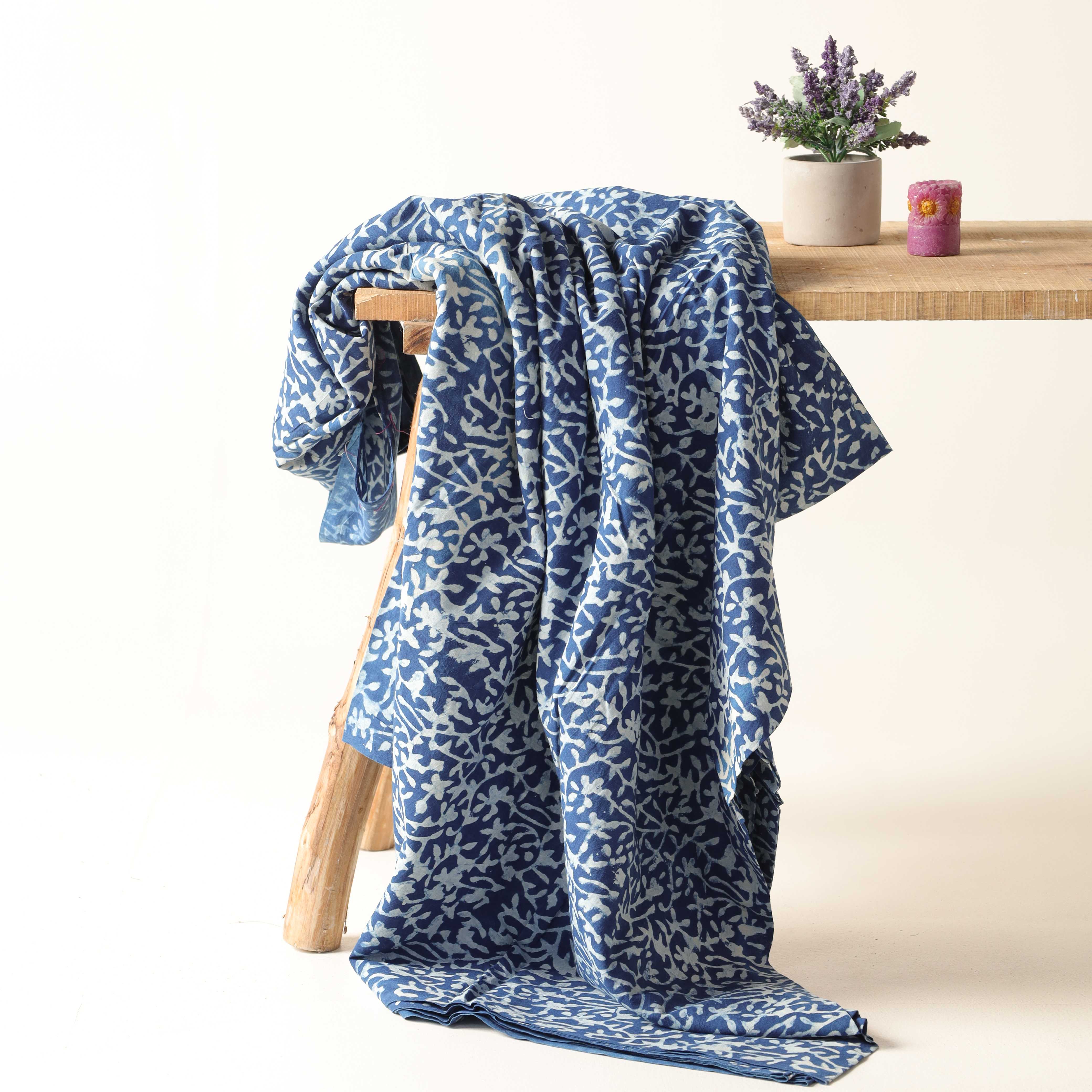 Indigo Hand Block Printed Cotton Fabric - Traditional Floral Vine Motif