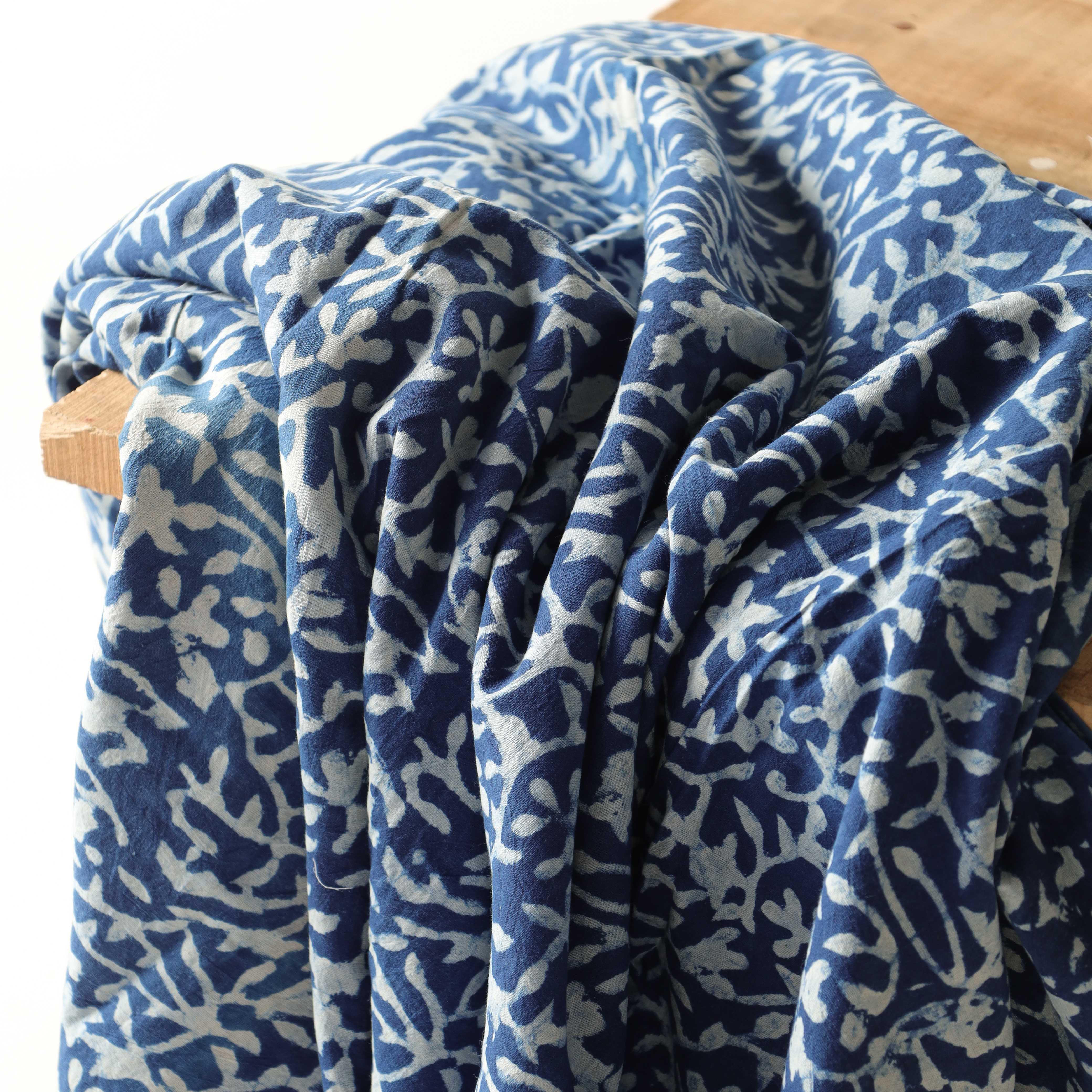 Indigo Hand Block Printed Cotton Fabric - Traditional Floral Vine Motif