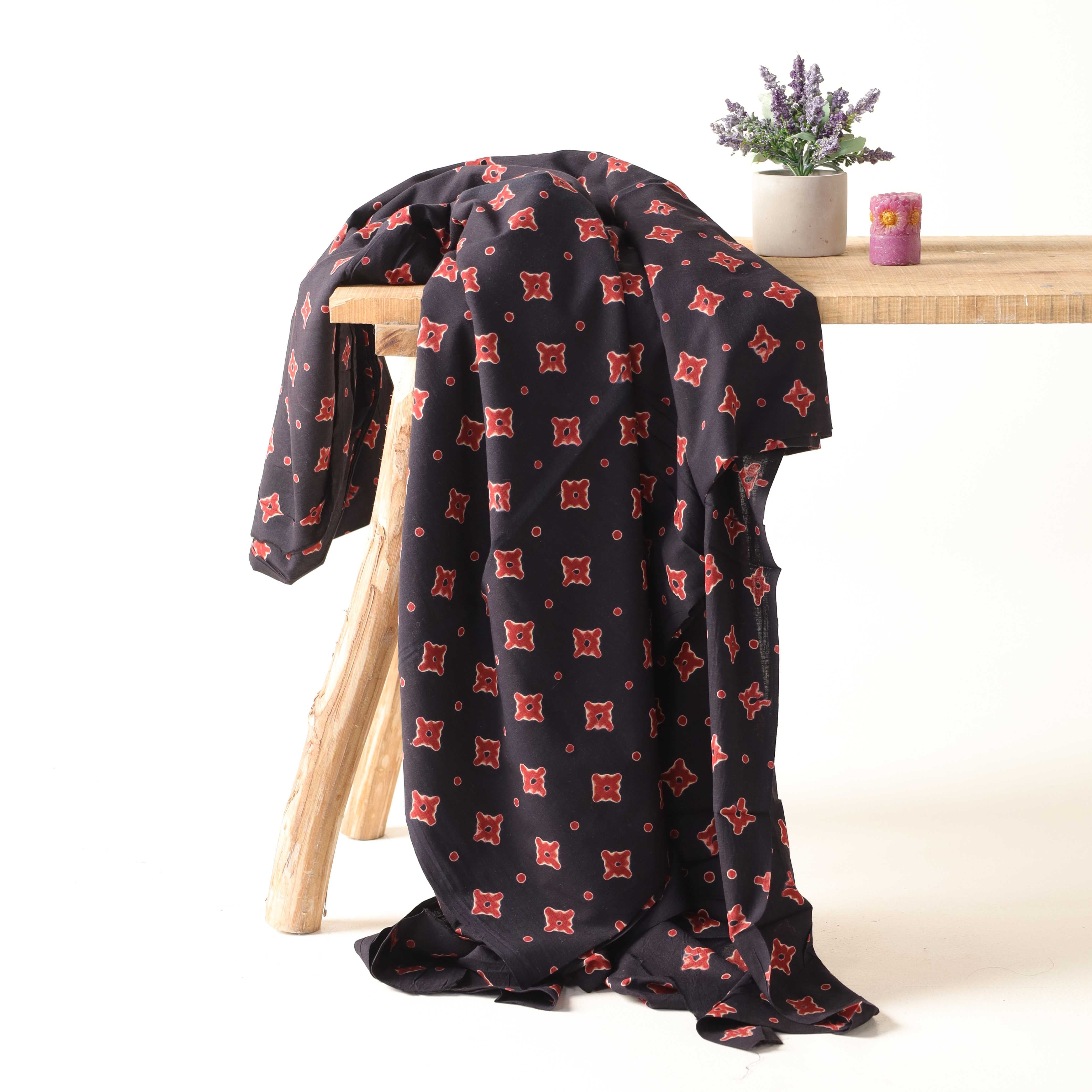 Earthy Crimson Geometric Hand Block Printed Cotton Fabric