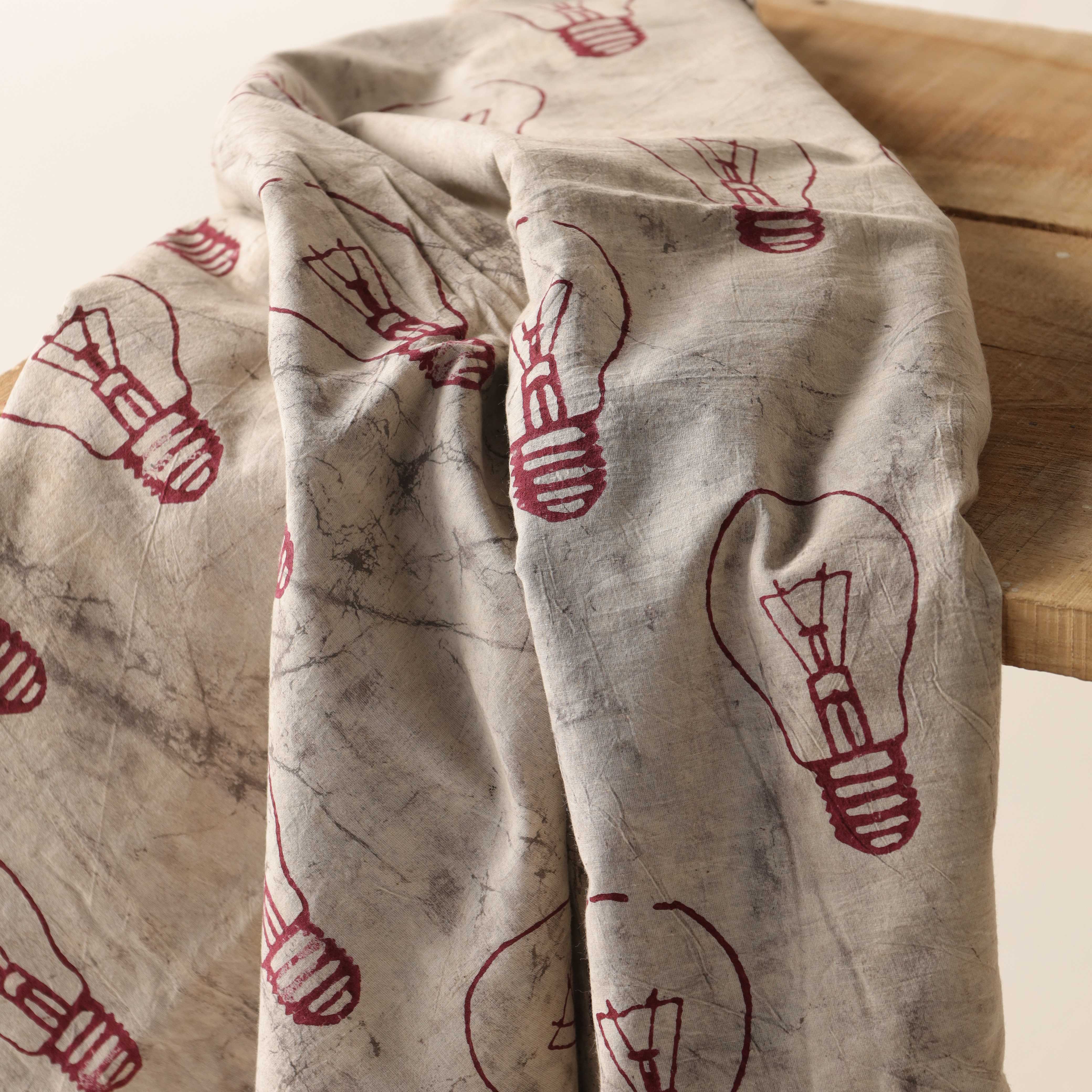 Hand Block Printed Light Bulb Motif Cotton Fabric - Artisan Red on Natural