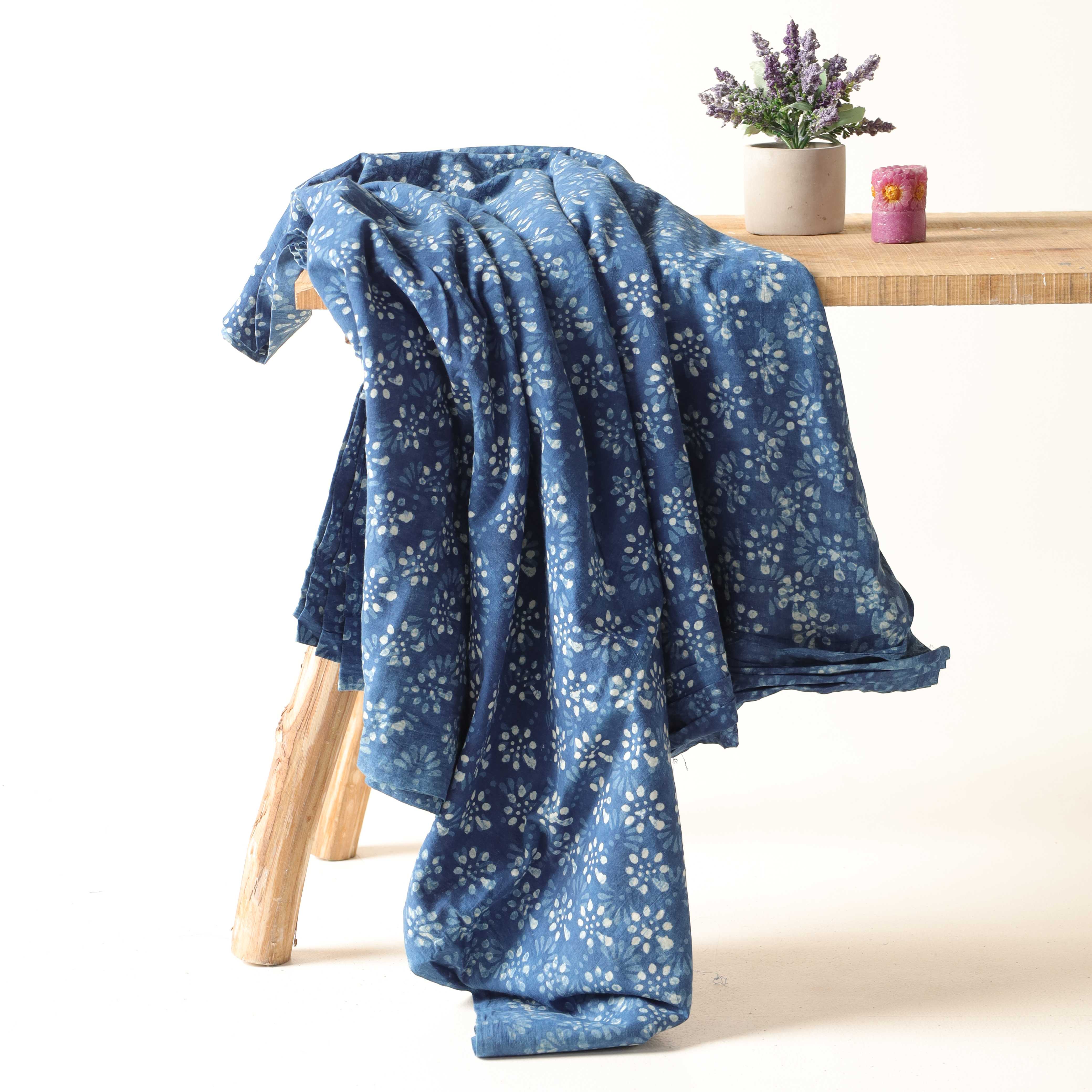 Artisan Indigo Hand Block Printed Cotton Fabric - Blue Floral Motif