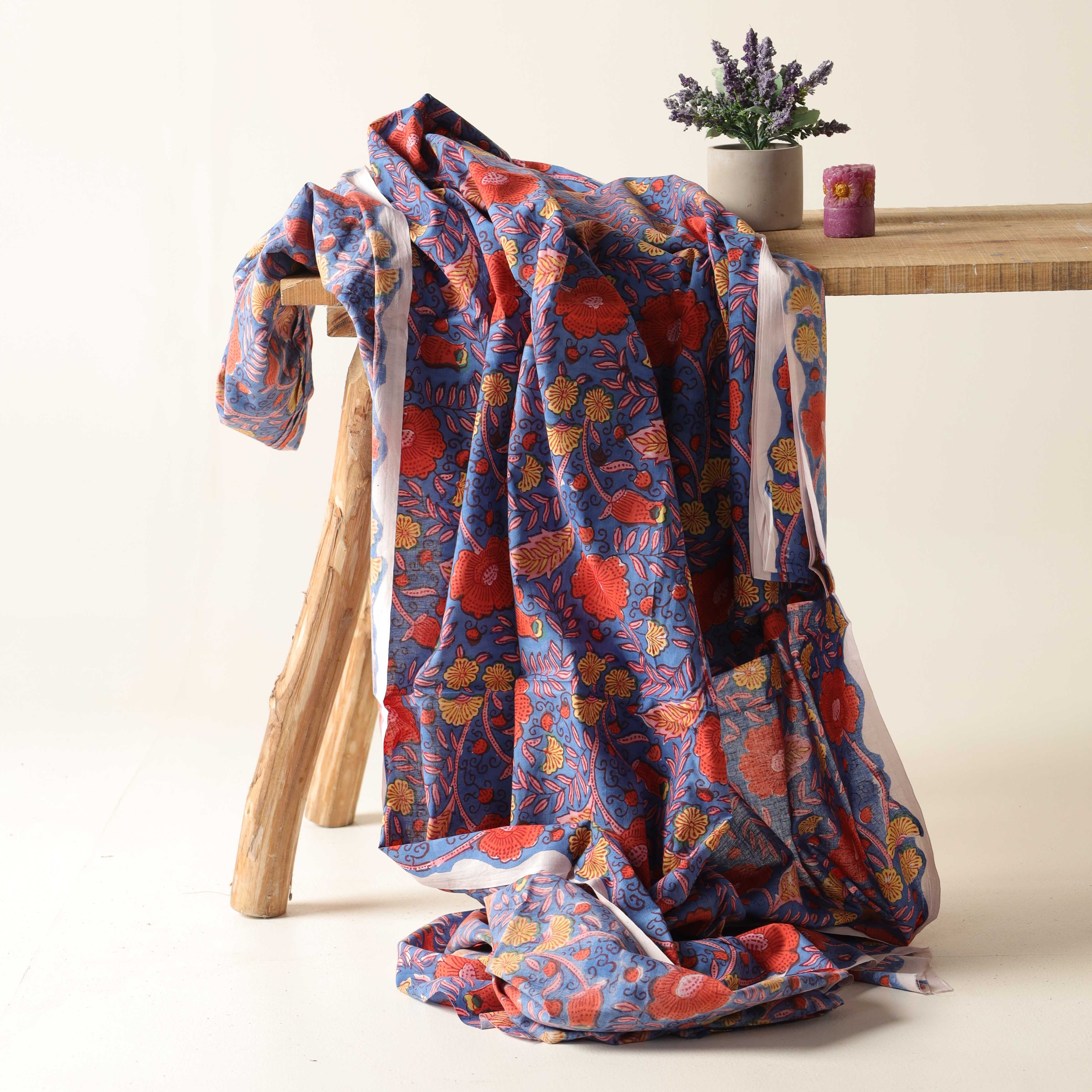 Artisan Indigo Dabu Hand Block Printed Fabric - Blue Geometric Petal