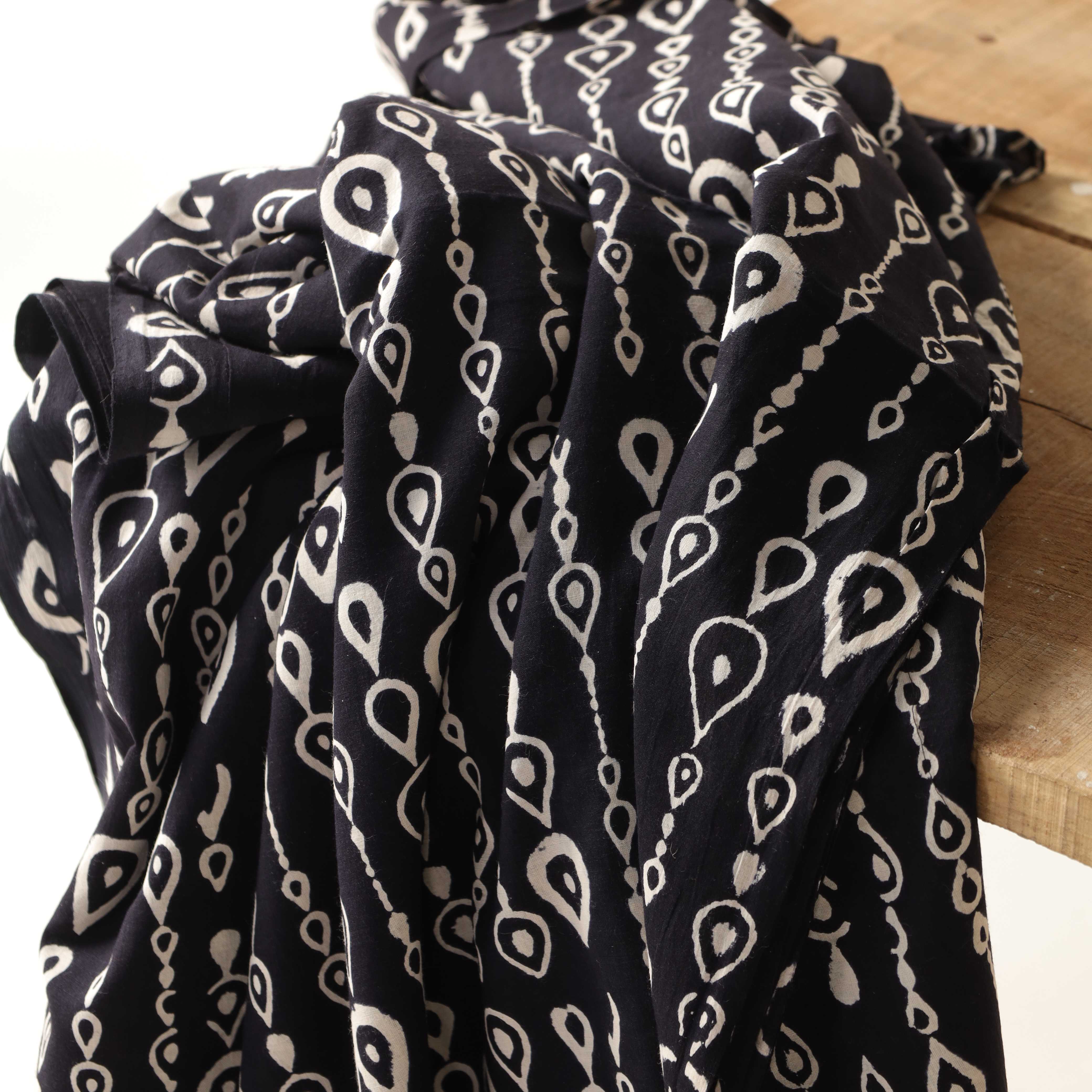 Artisan Hand Block Printed Cotton Fabric - Indigo Blue & White Teardrop Motif