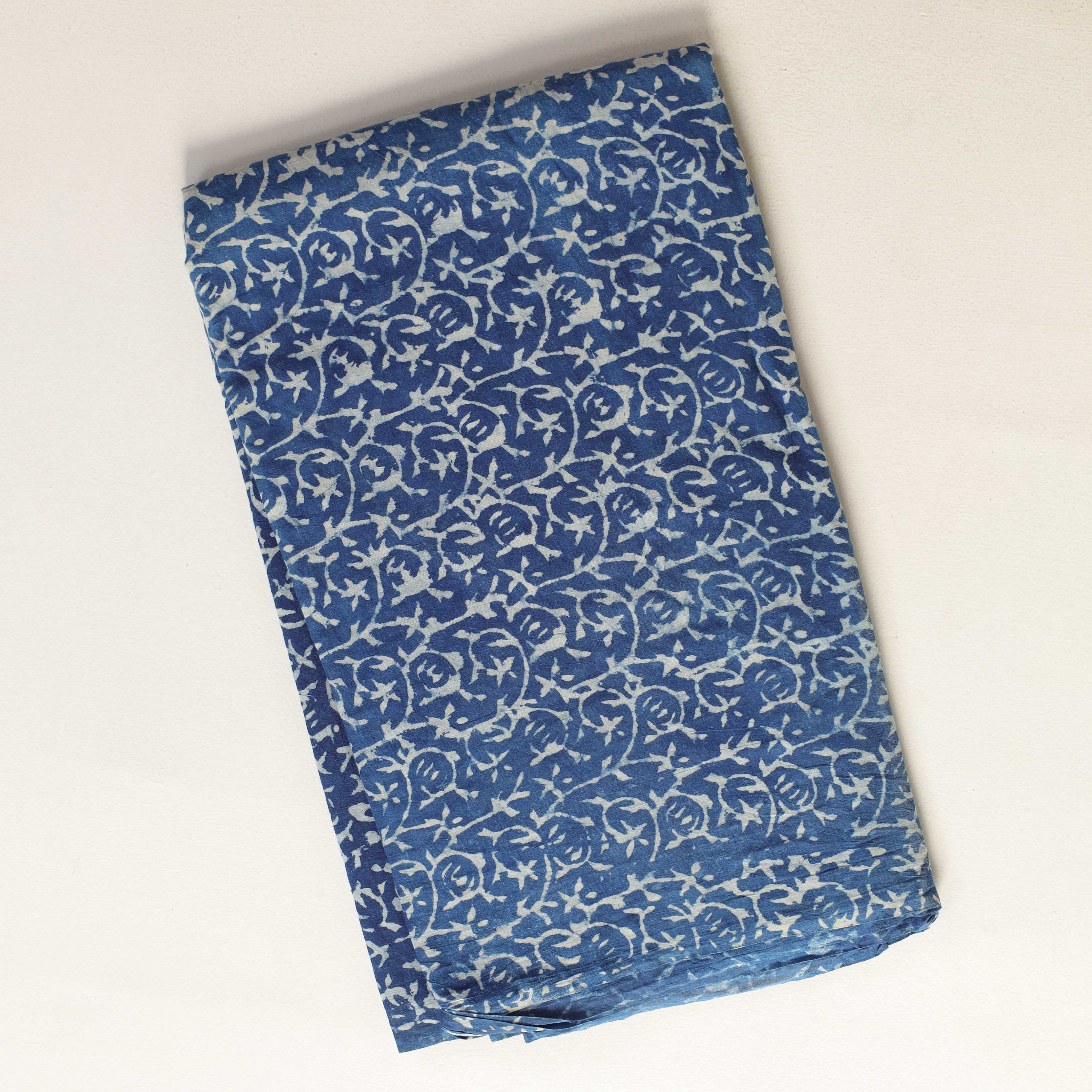 Artisan Hand Block Printed Cotton Fabric - Indigo Blue Floral Vine