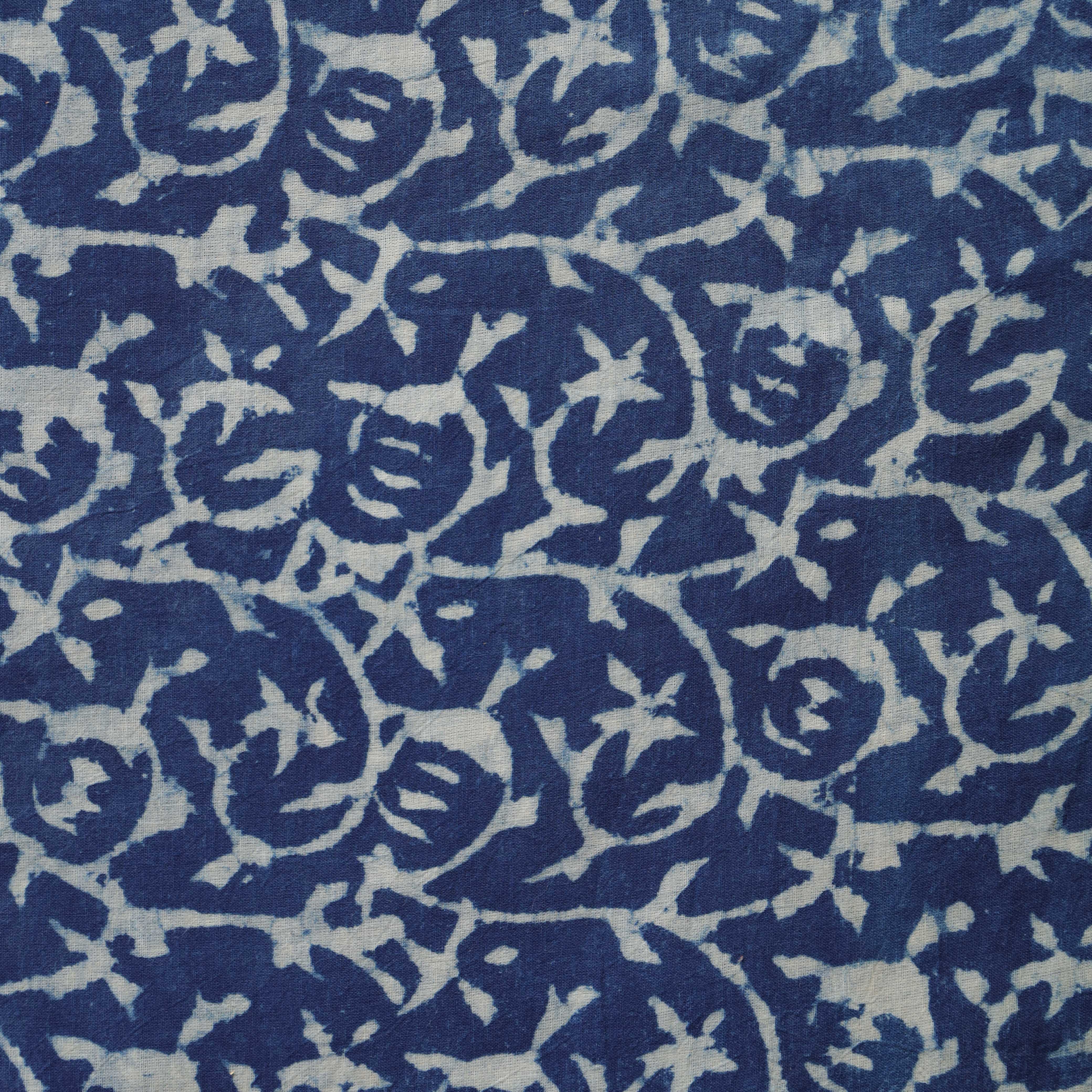 Artisan Hand Block Printed Cotton Fabric - Indigo Blue Floral Vine
