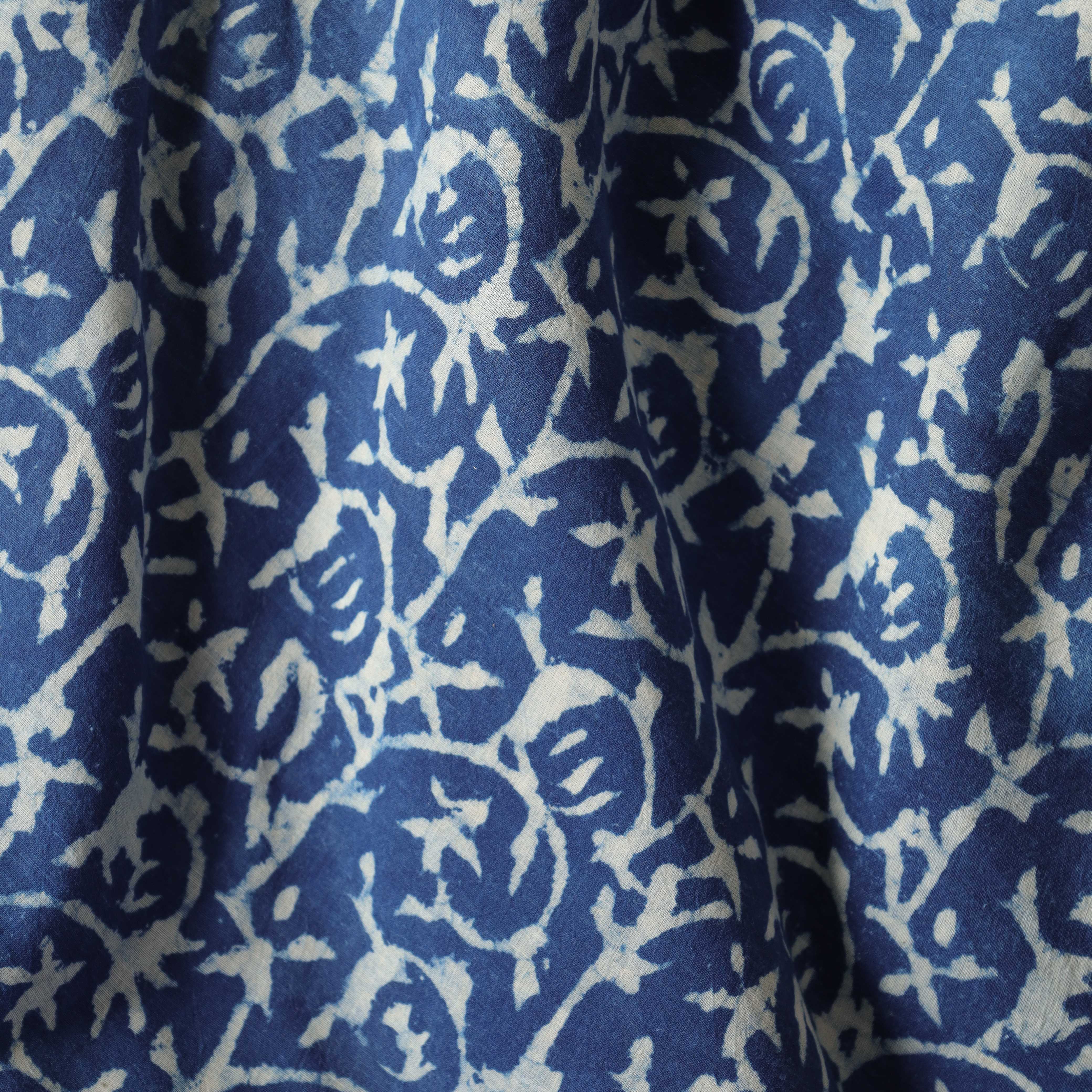 Artisan Hand Block Printed Cotton Fabric - Indigo Blue Floral Vine