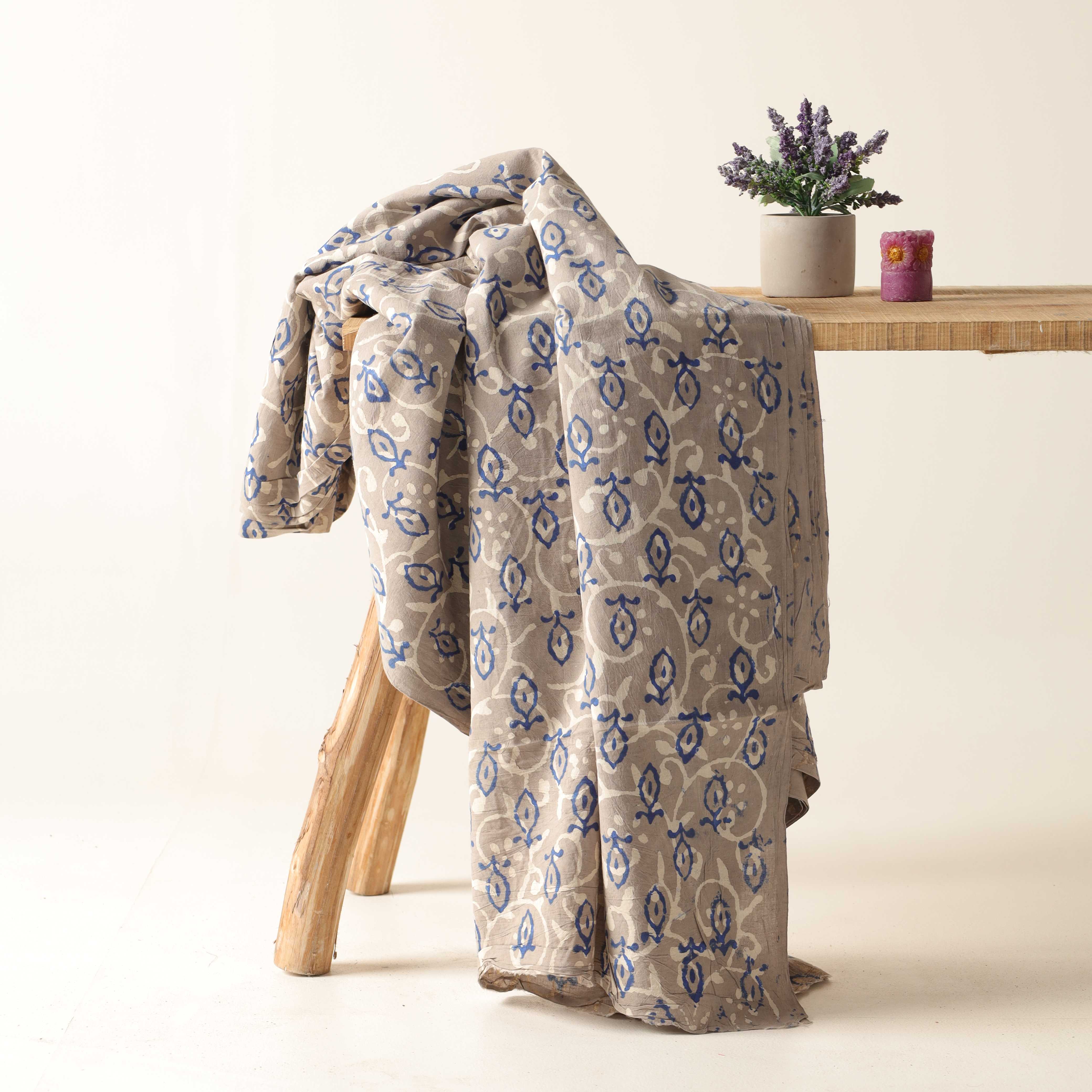 Artisan Hand Block Printed Cotton Fabric - Grey & Blue Budding Vine