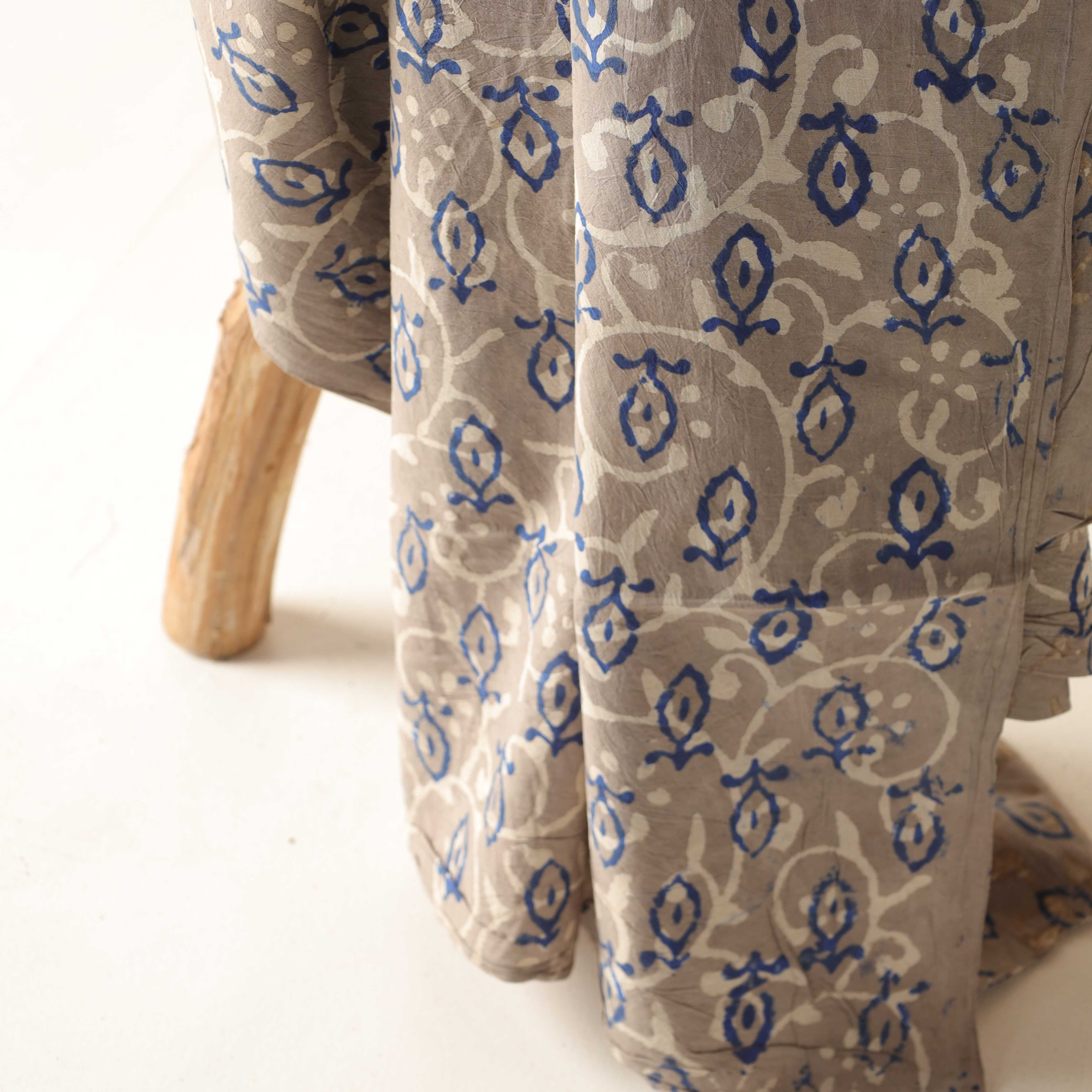 Artisan Hand Block Printed Cotton Fabric - Grey & Blue Budding Vine