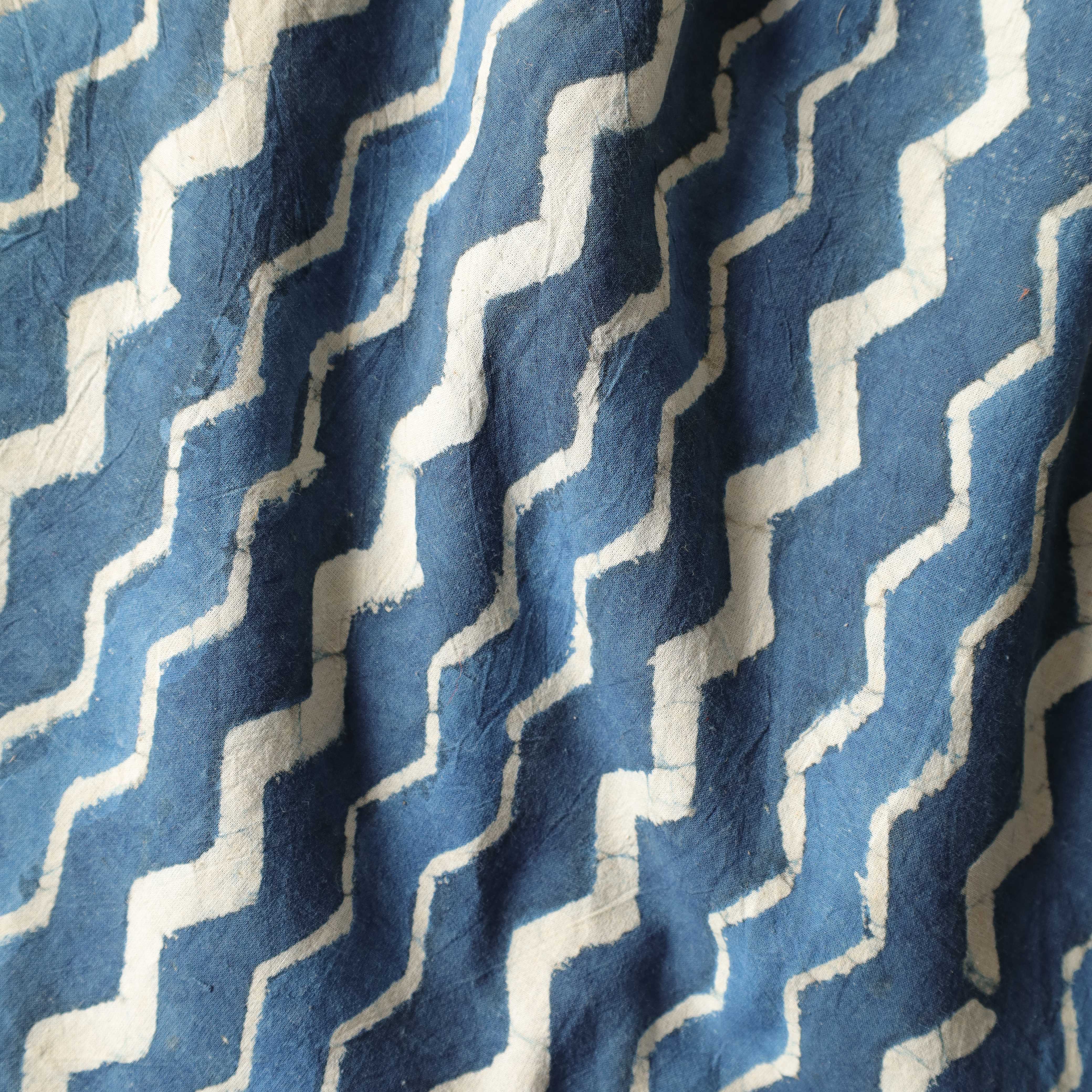 Artisan Hand Block Printed Cotton Fabric - Indigo & White Zig-Zag
