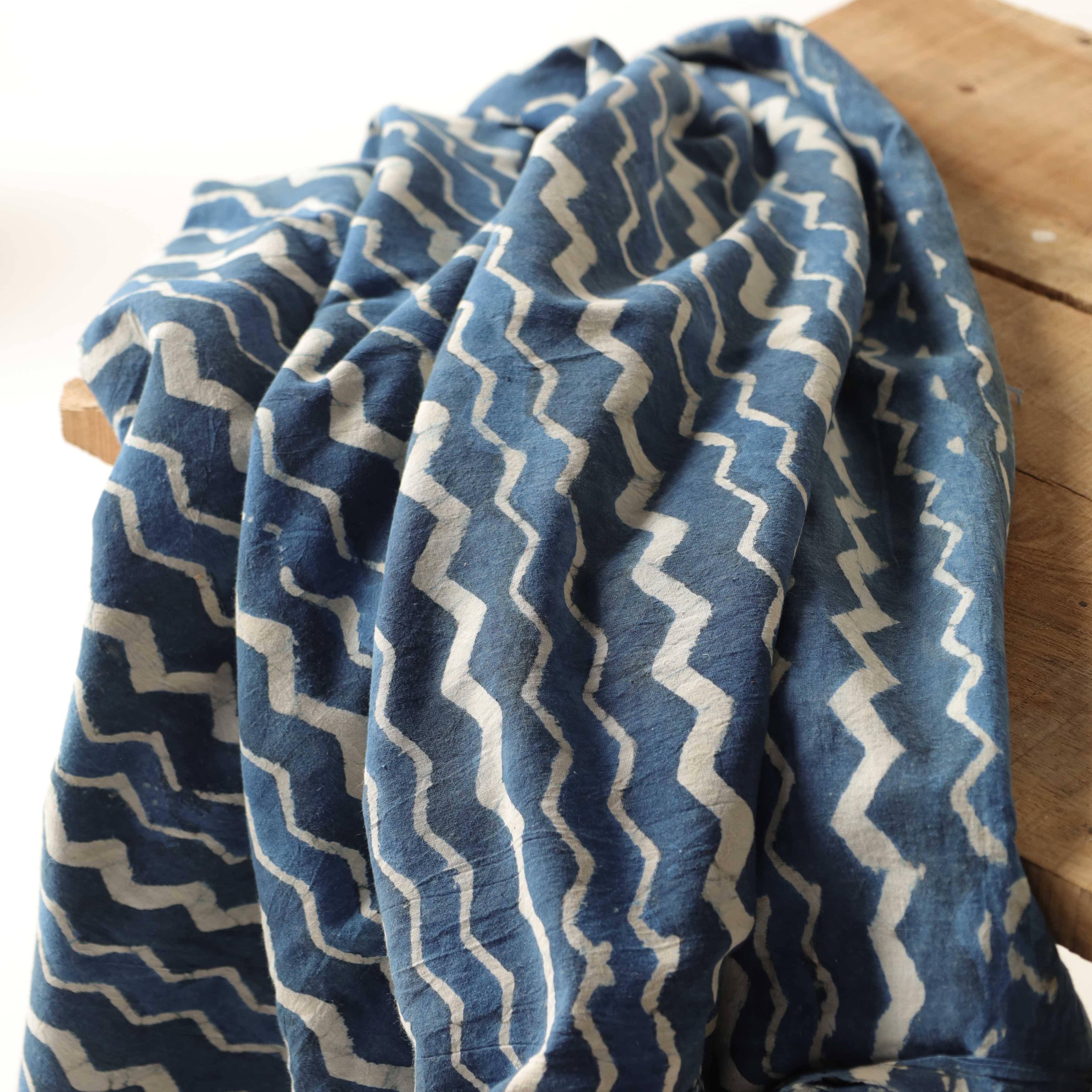 Artisan Hand Block Printed Cotton Fabric - Indigo & White Zig-Zag