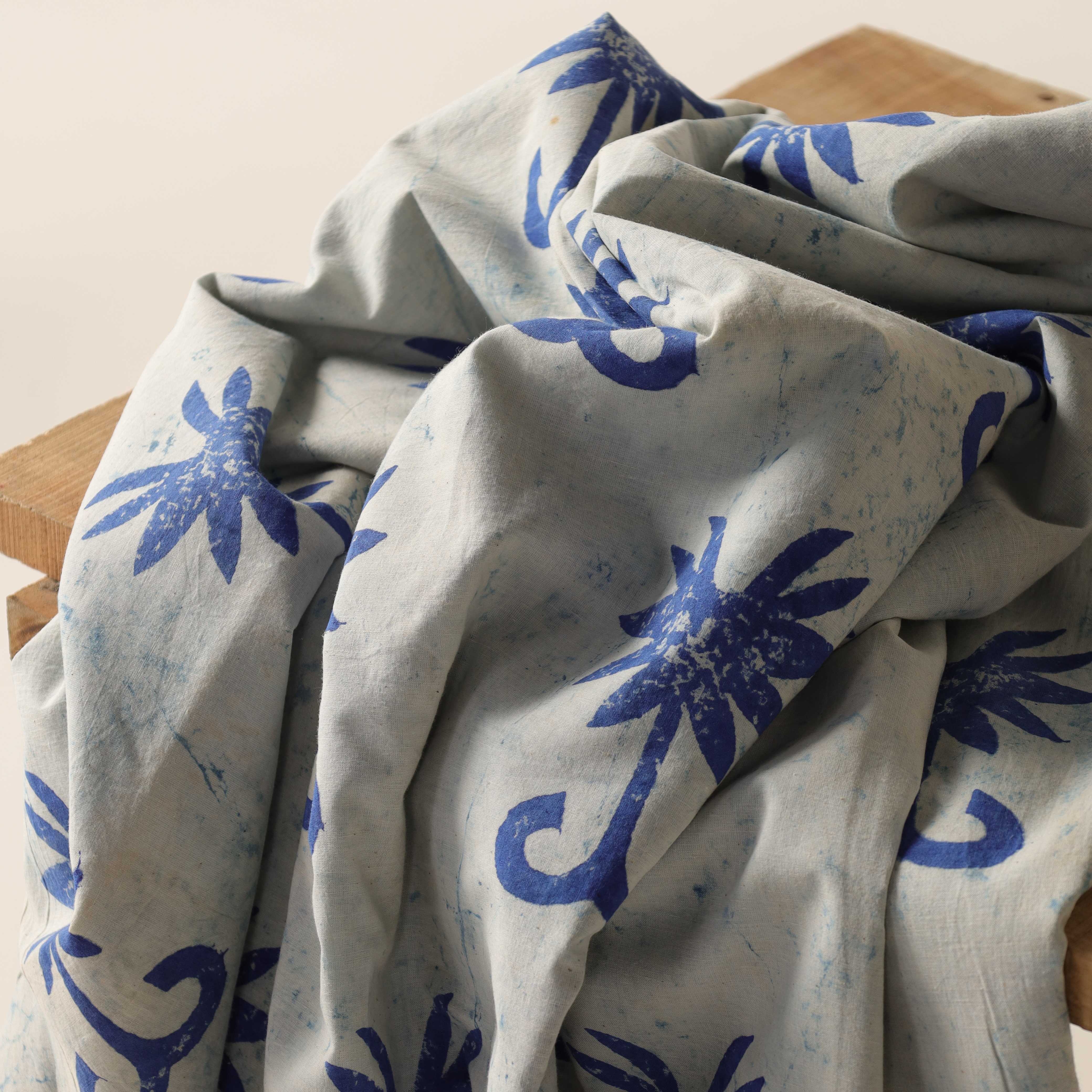 Premium Indigo Floral Hand Block Printed Cotton Fabric