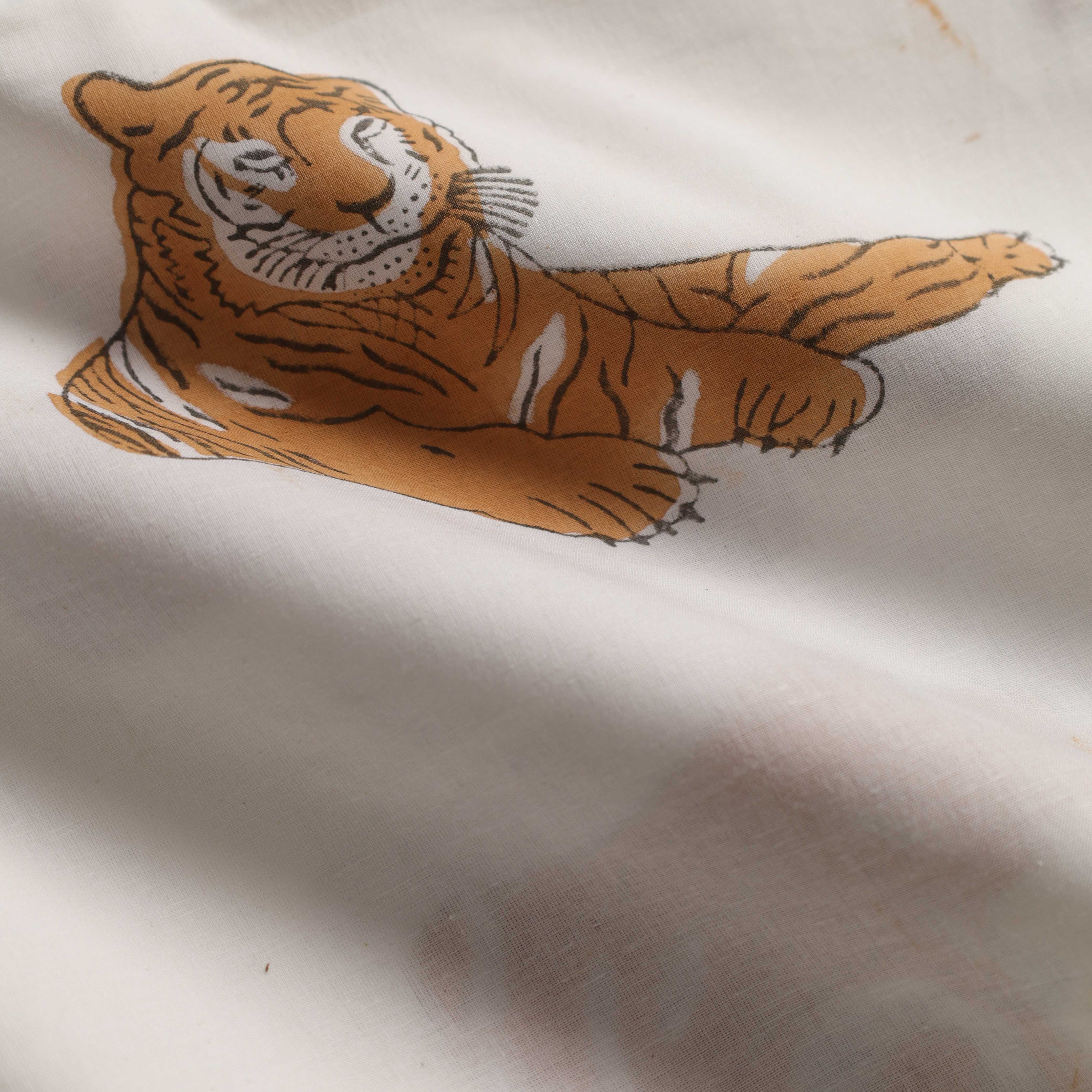 Hand Block Printed Tiger Motif Cotton Fabric - Artisan Crafted Textile