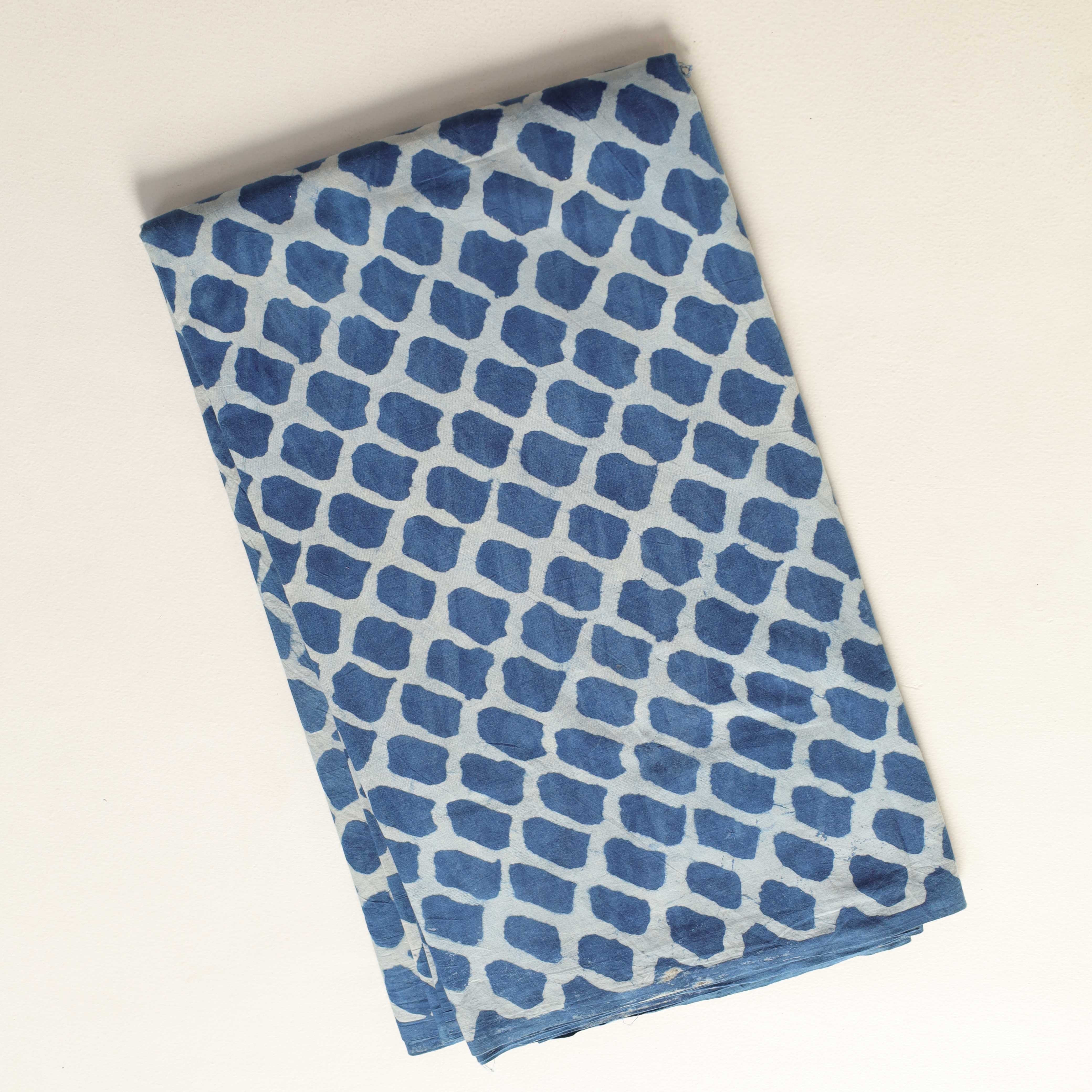 Indigo Hand Block Printed Cotton Fabric - Geometric Tile Motif