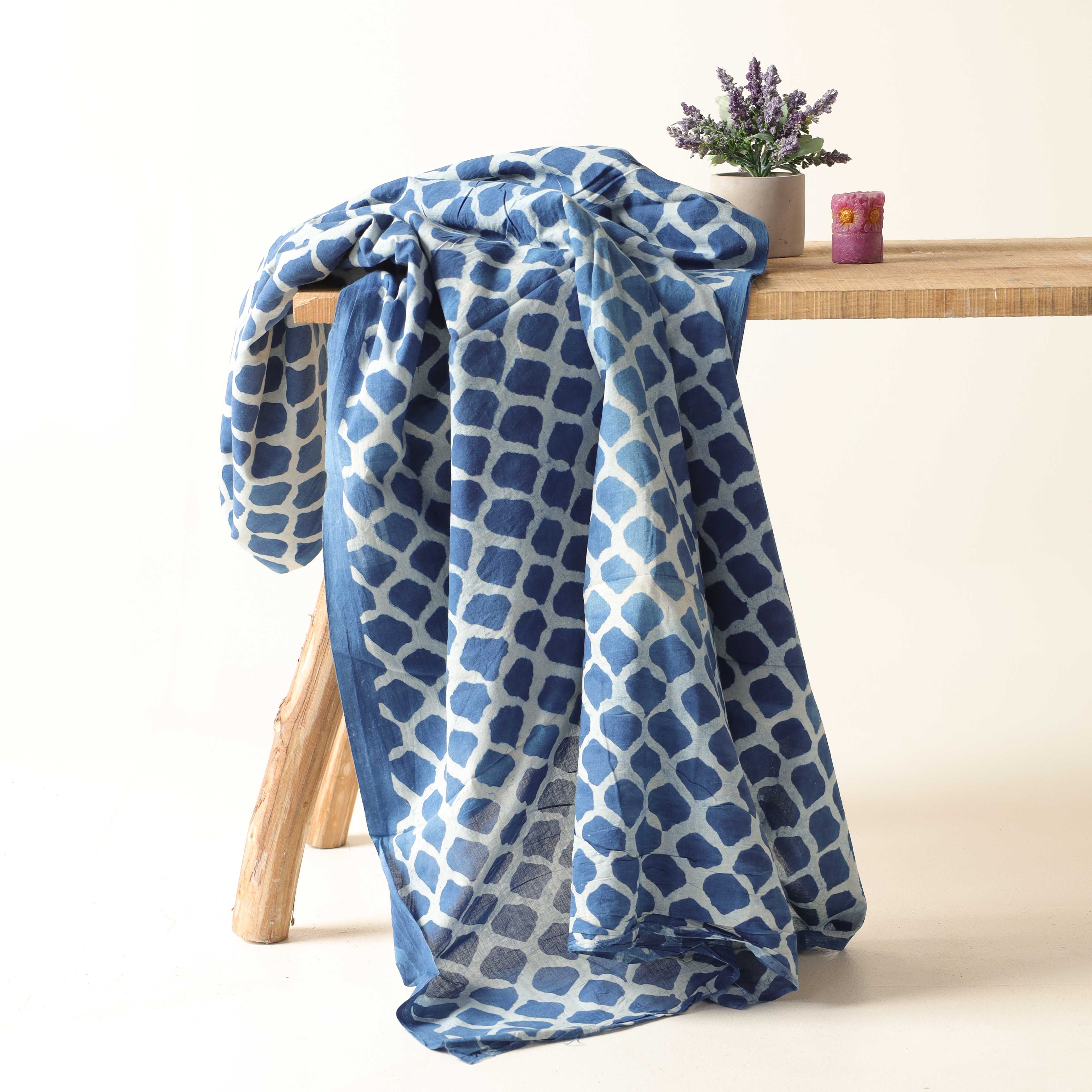 Indigo Hand Block Printed Cotton Fabric - Geometric Tile Motif