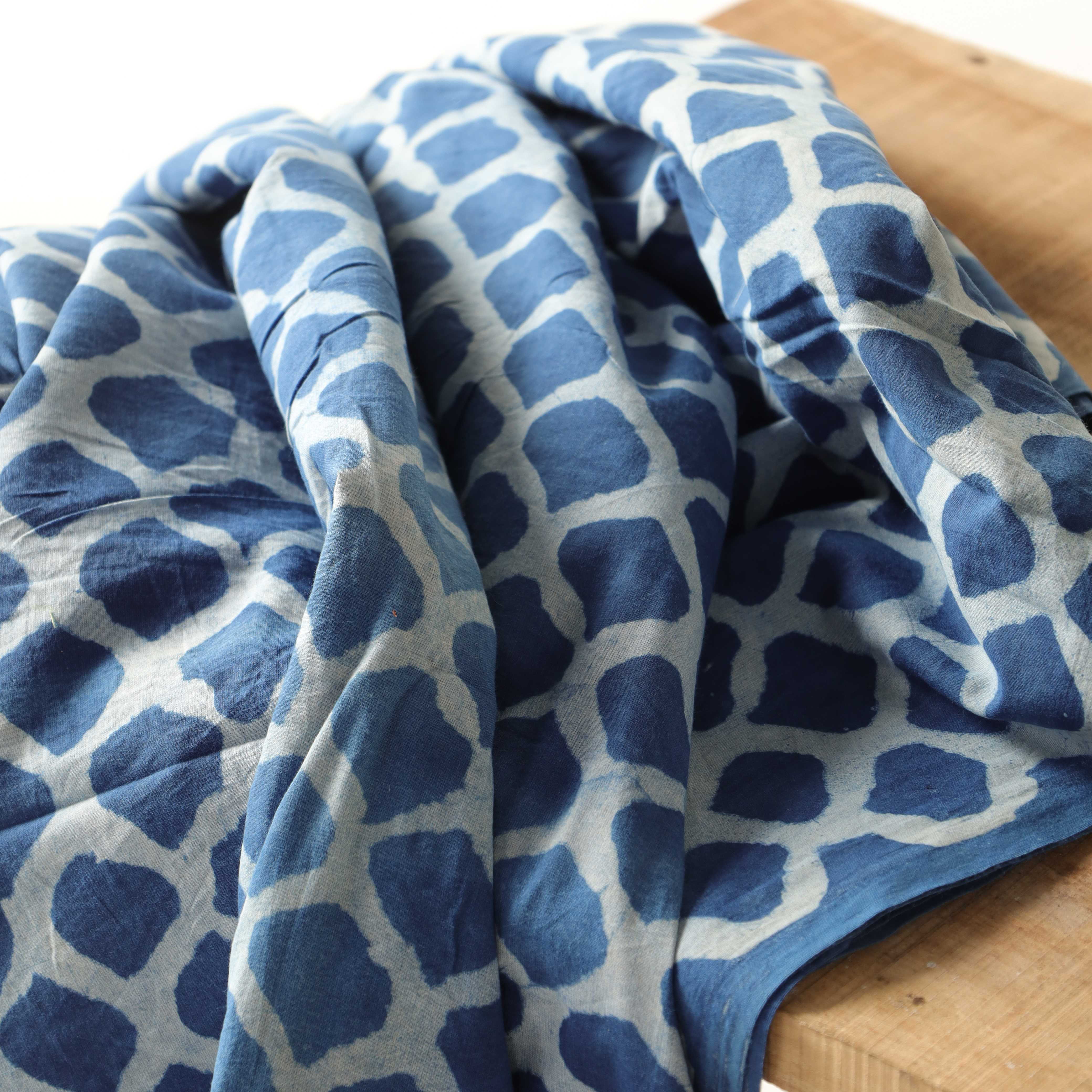 Indigo Hand Block Printed Cotton Fabric - Geometric Tile Motif