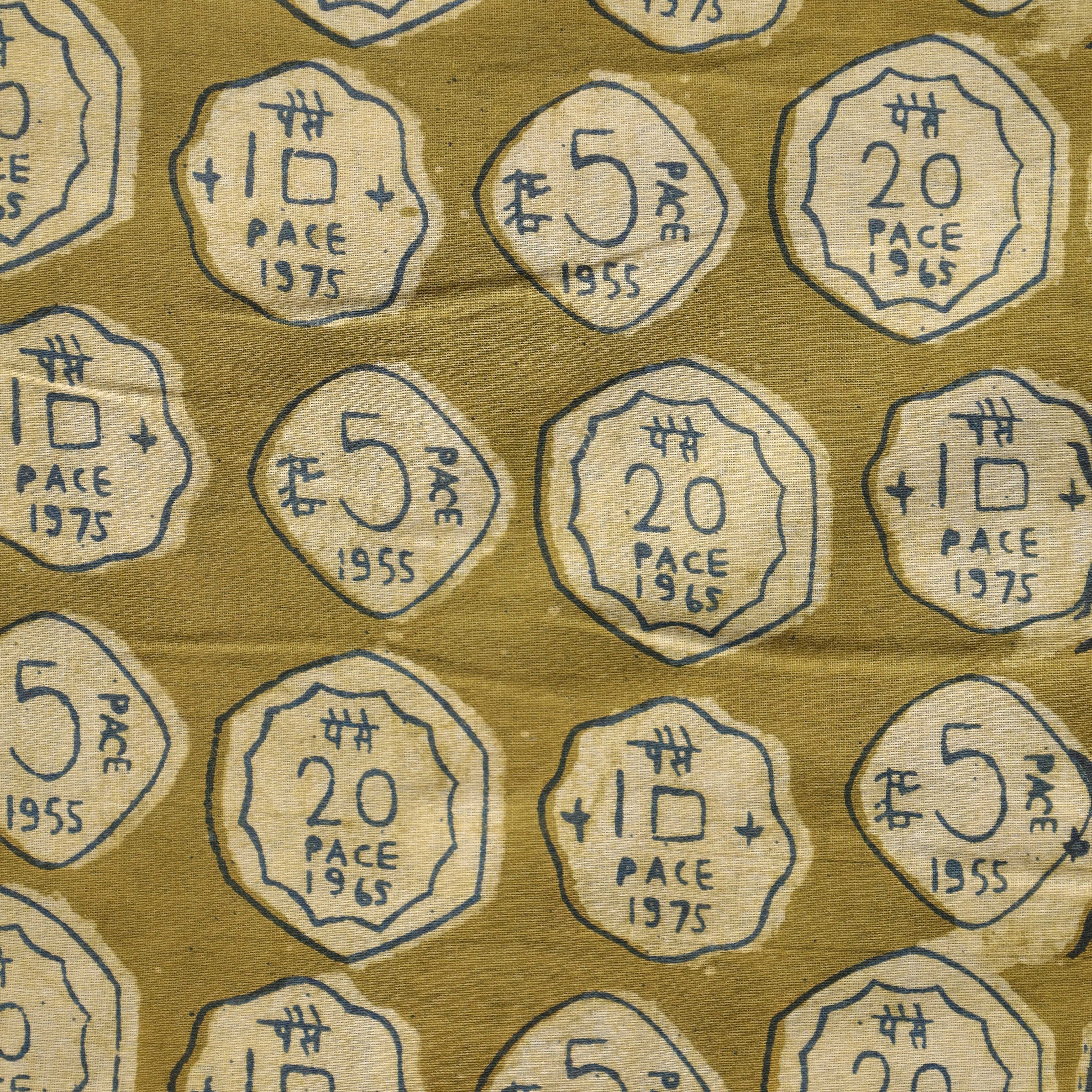 Vintage Coin Motif Hand Block Printed Cotton Fabric