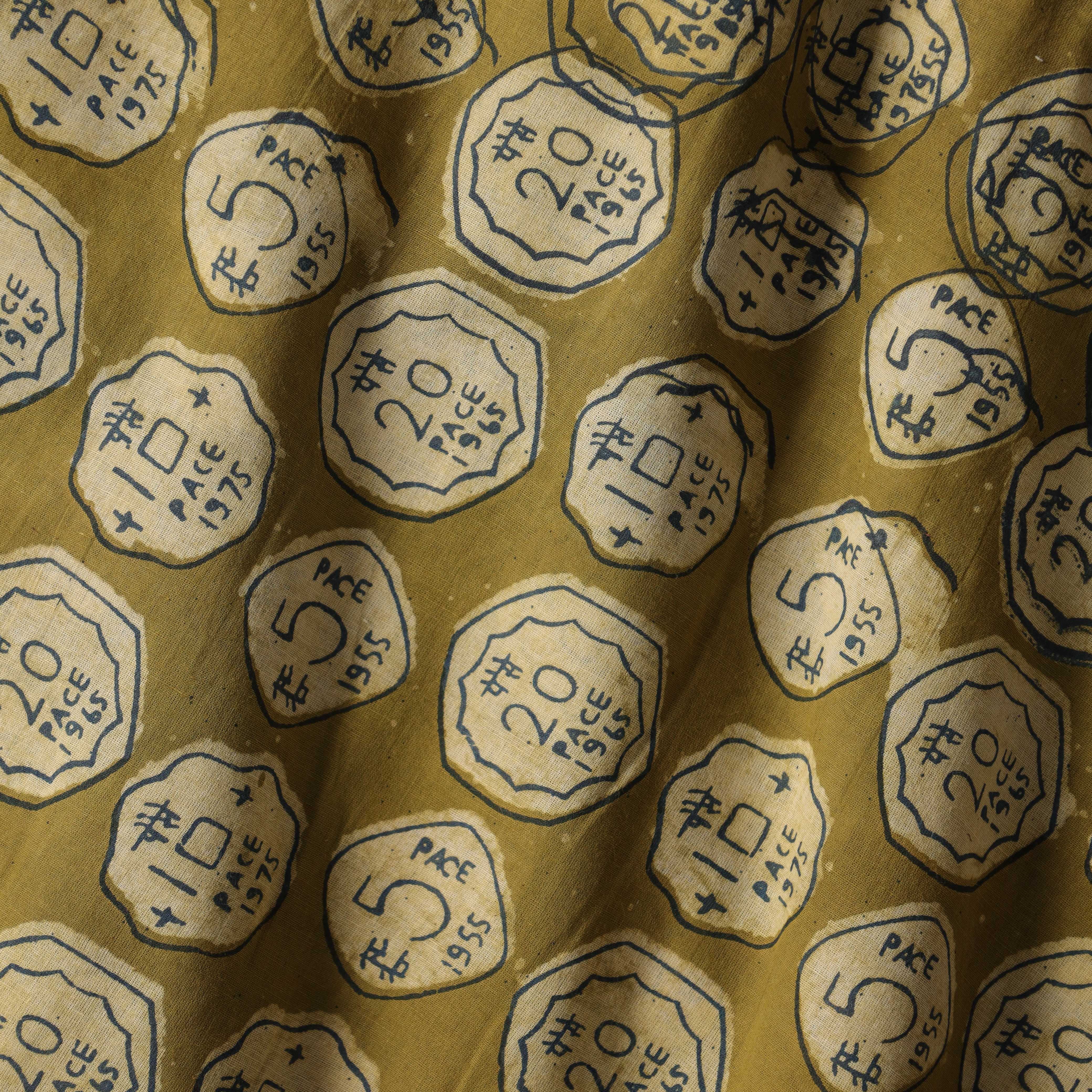 Vintage Coin Motif Hand Block Printed Cotton Fabric
