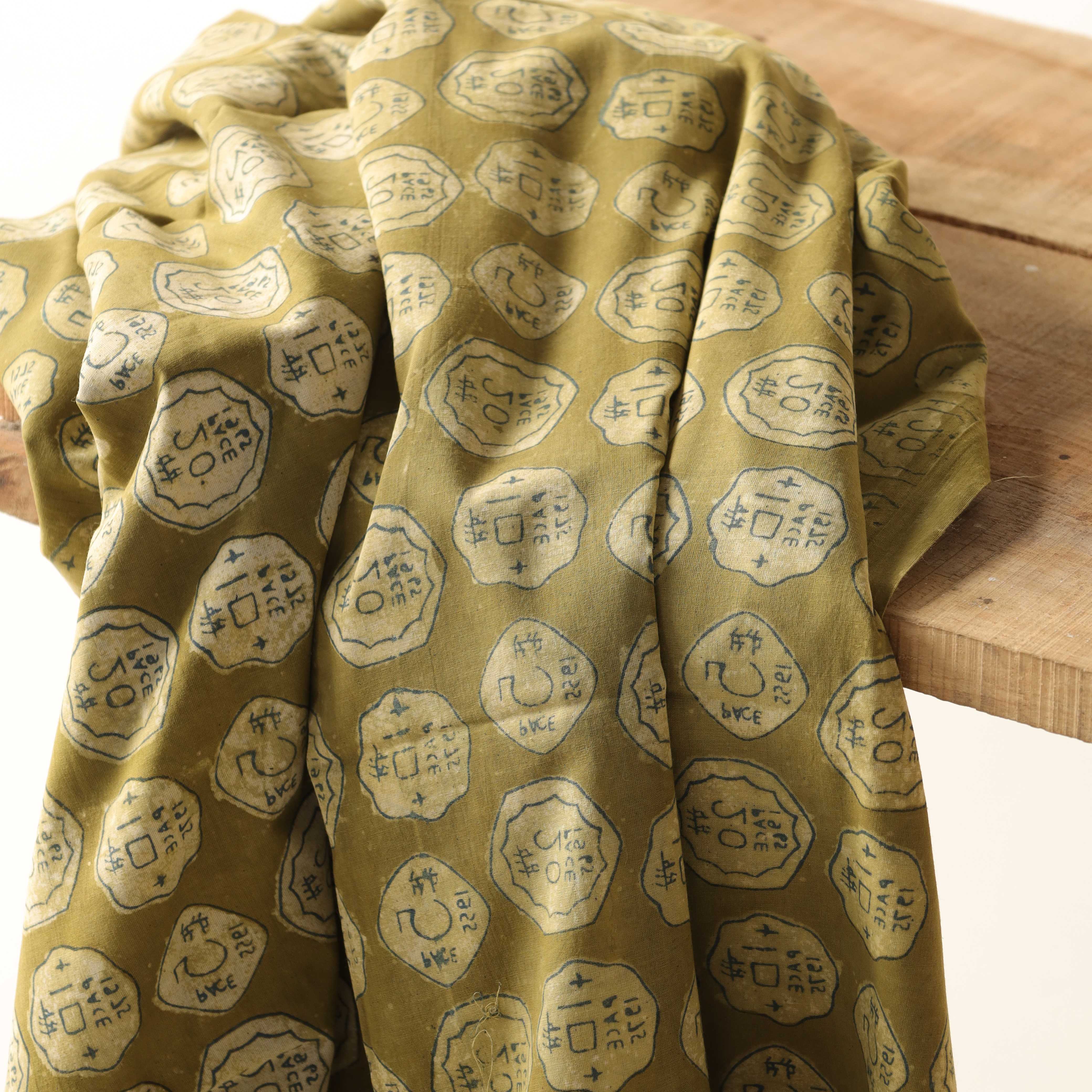 Vintage Coin Motif Hand Block Printed Cotton Fabric