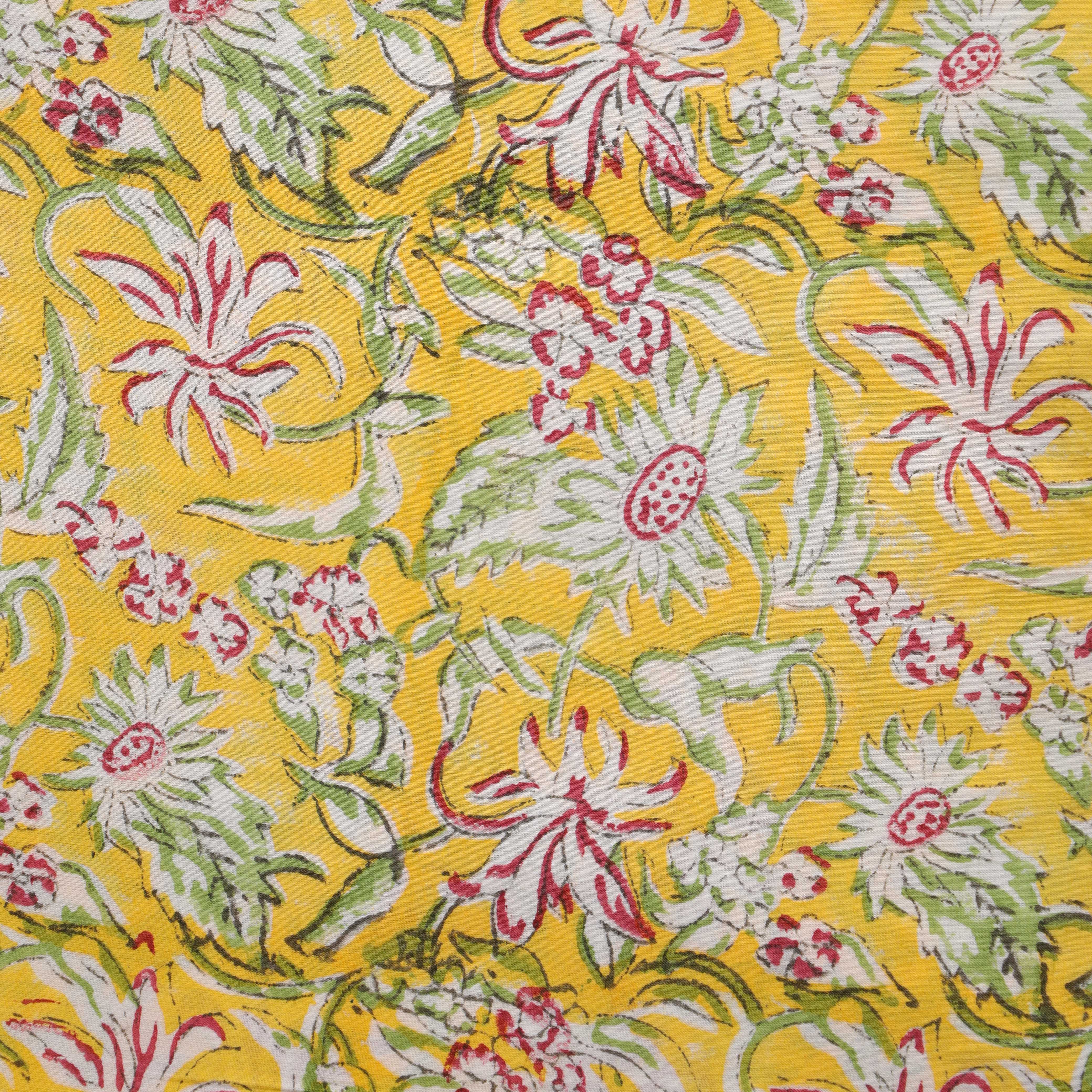 Mustard Yellow Floral Hand Block Printed Cotton Fabric