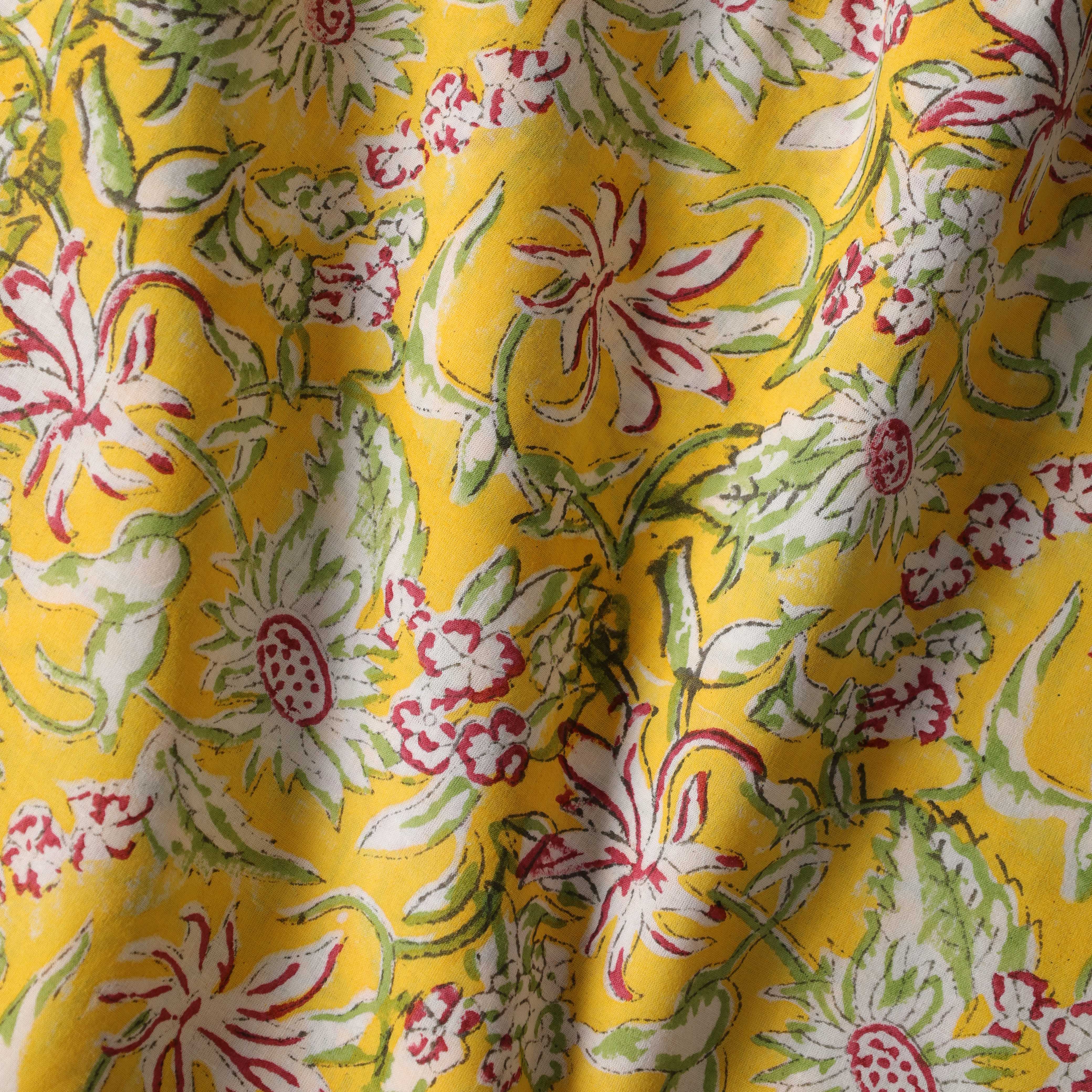 Mustard Yellow Floral Hand Block Printed Cotton Fabric
