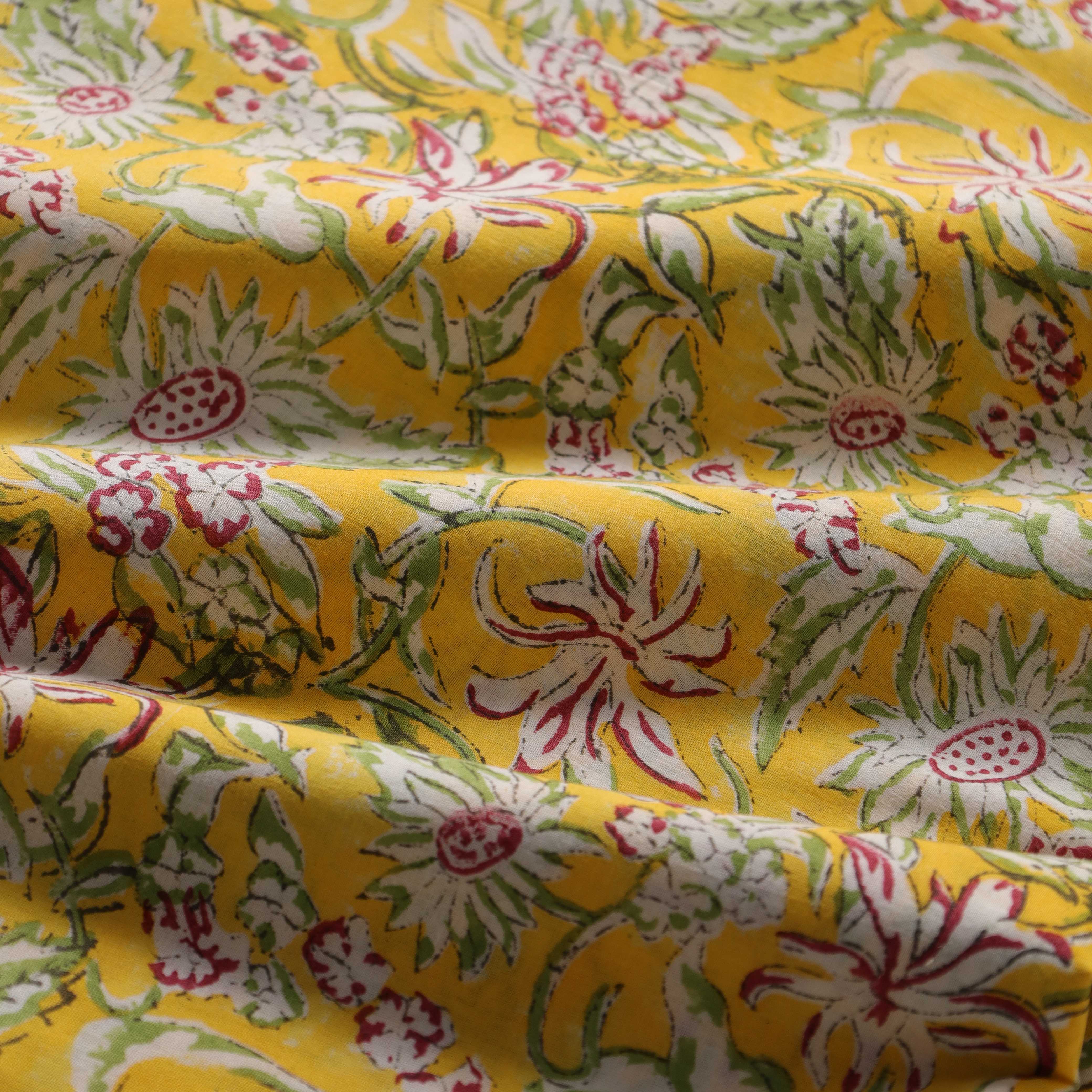 Mustard Yellow Floral Hand Block Printed Cotton Fabric