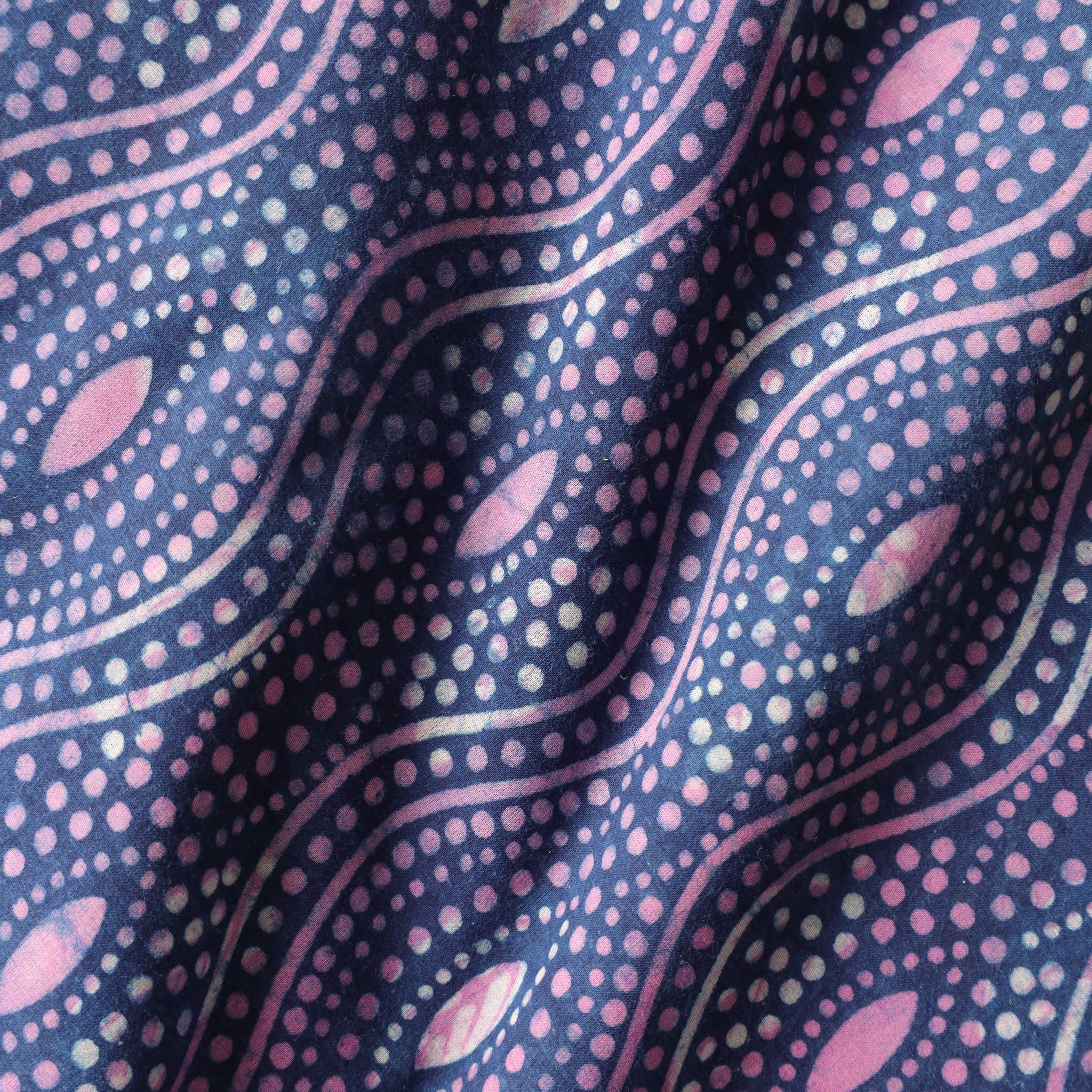 Indigo & Pink Wave Dabu Print Cotton Fabric