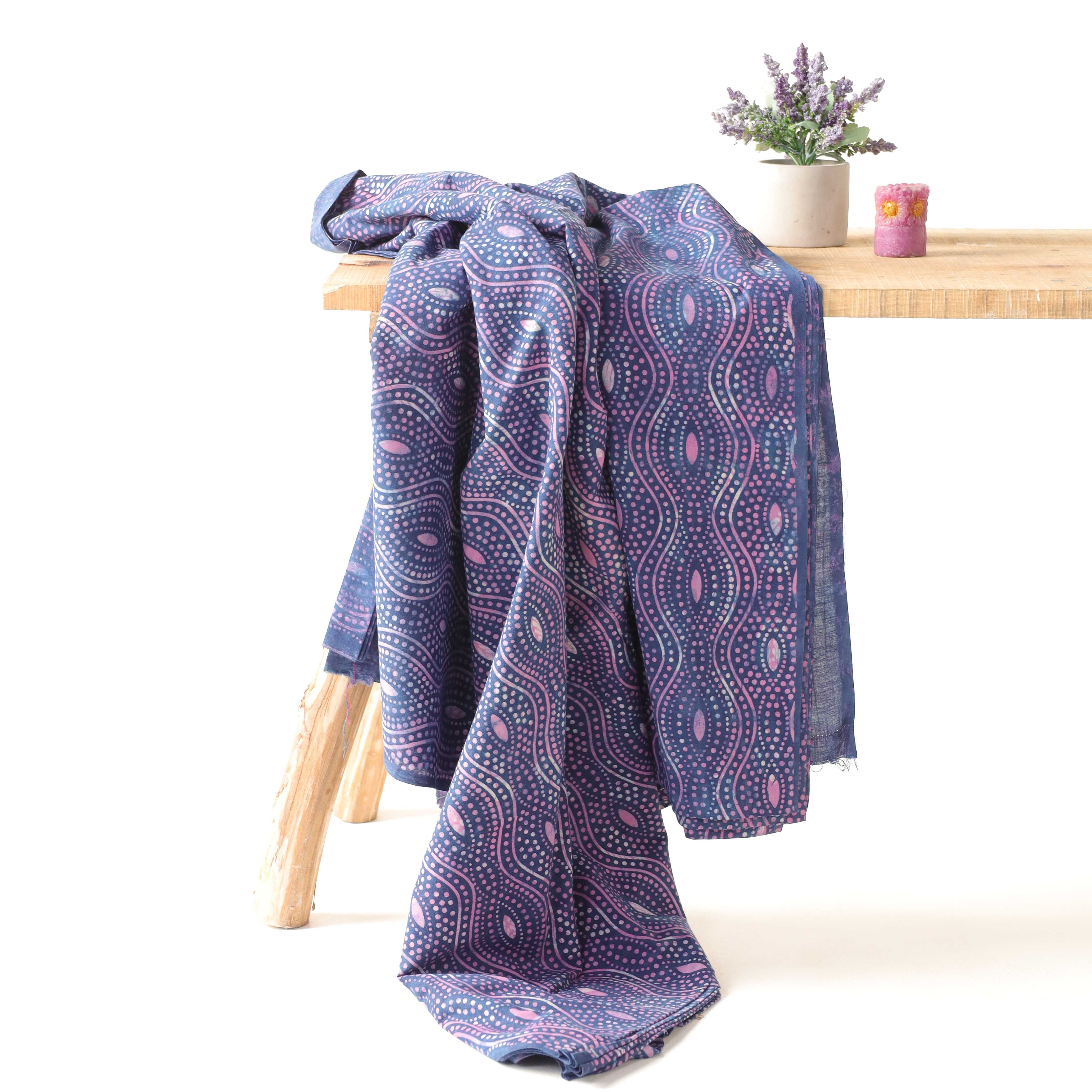 Indigo & Pink Wave Dabu Print Cotton Fabric