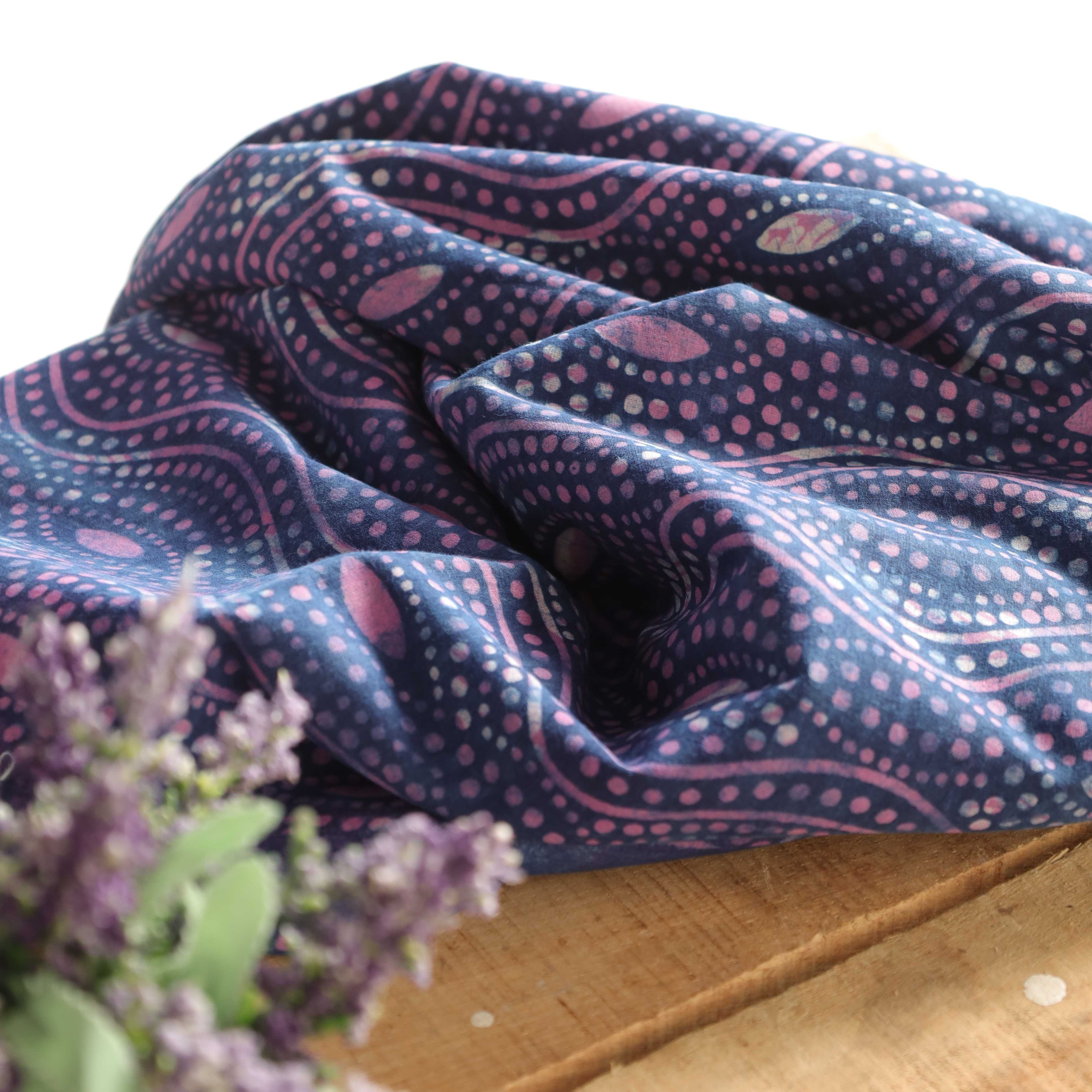 Indigo & Pink Wave Dabu Print Cotton Fabric