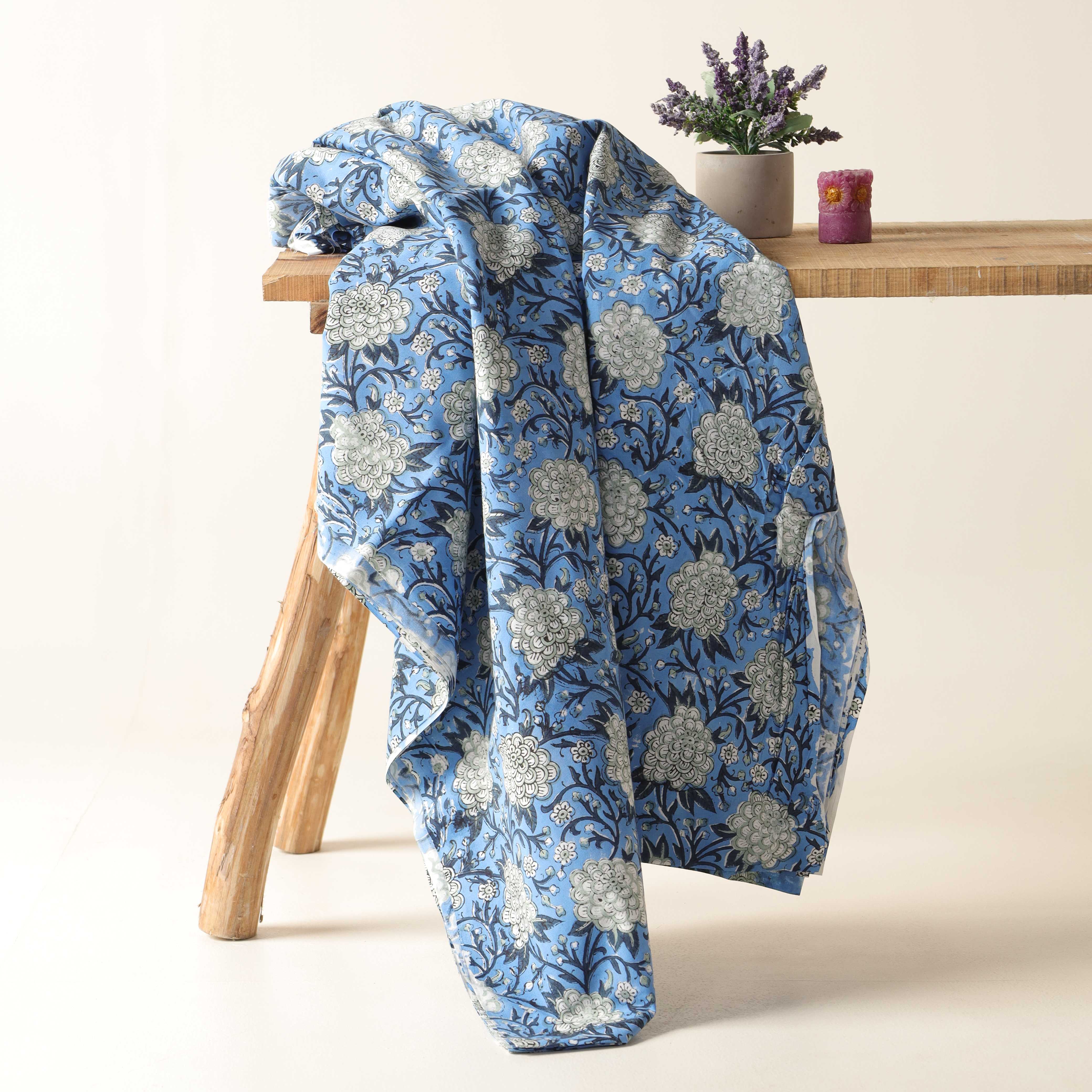 Sky Blue Peony Hand Block Printed Cotton Fabric