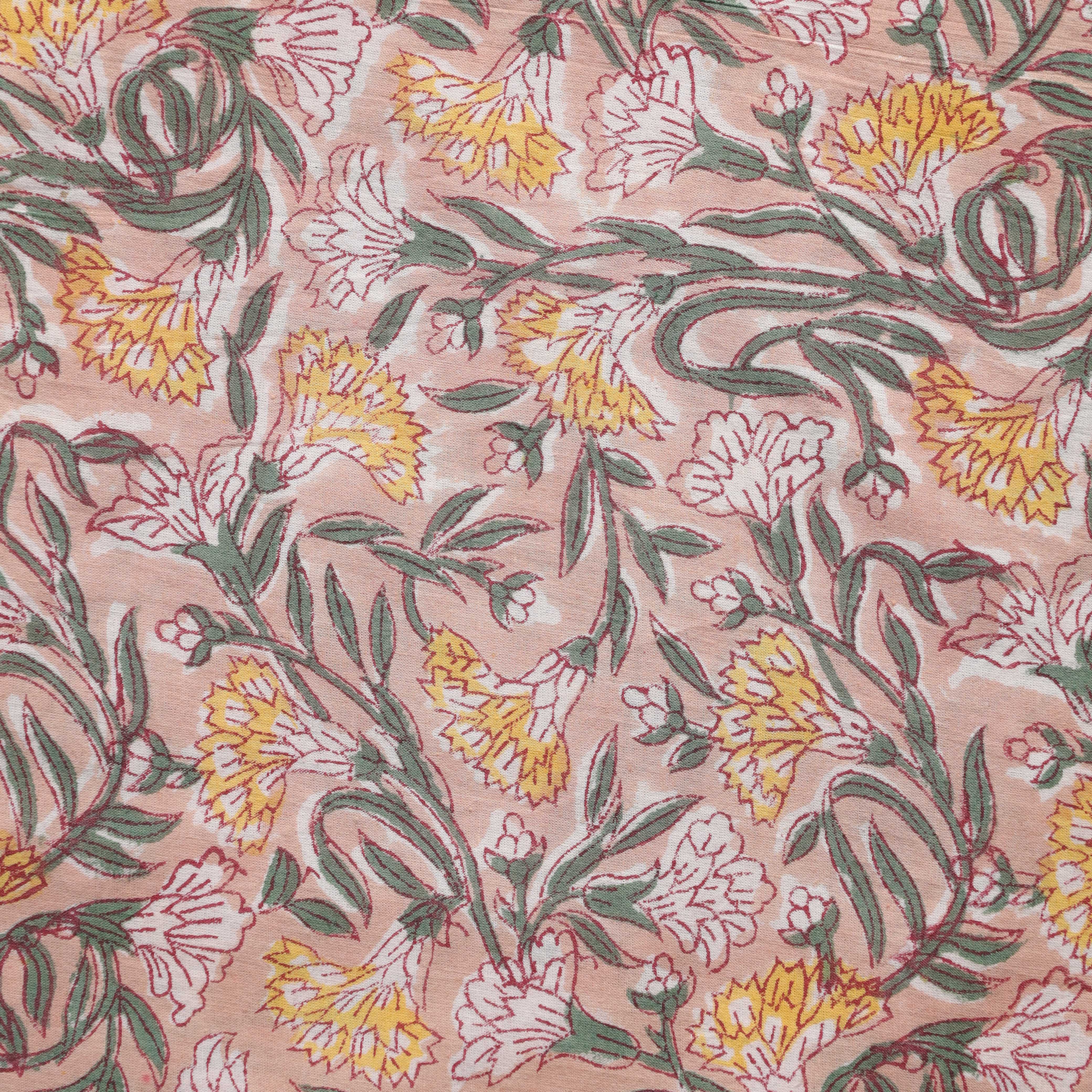 Peach Sorbet Floral Hand Block Printed Cotton Fabric