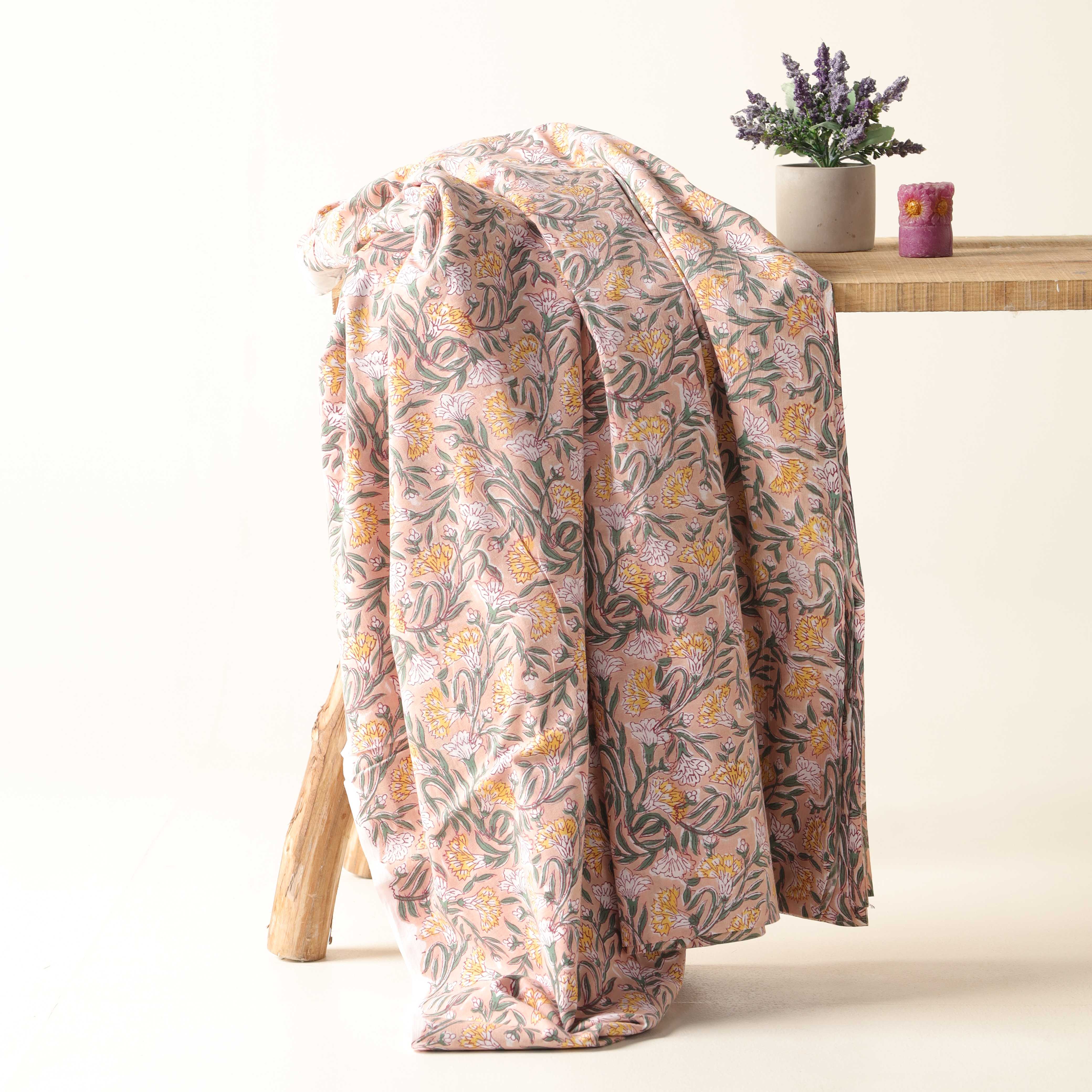 Peach Sorbet Floral Hand Block Printed Cotton Fabric