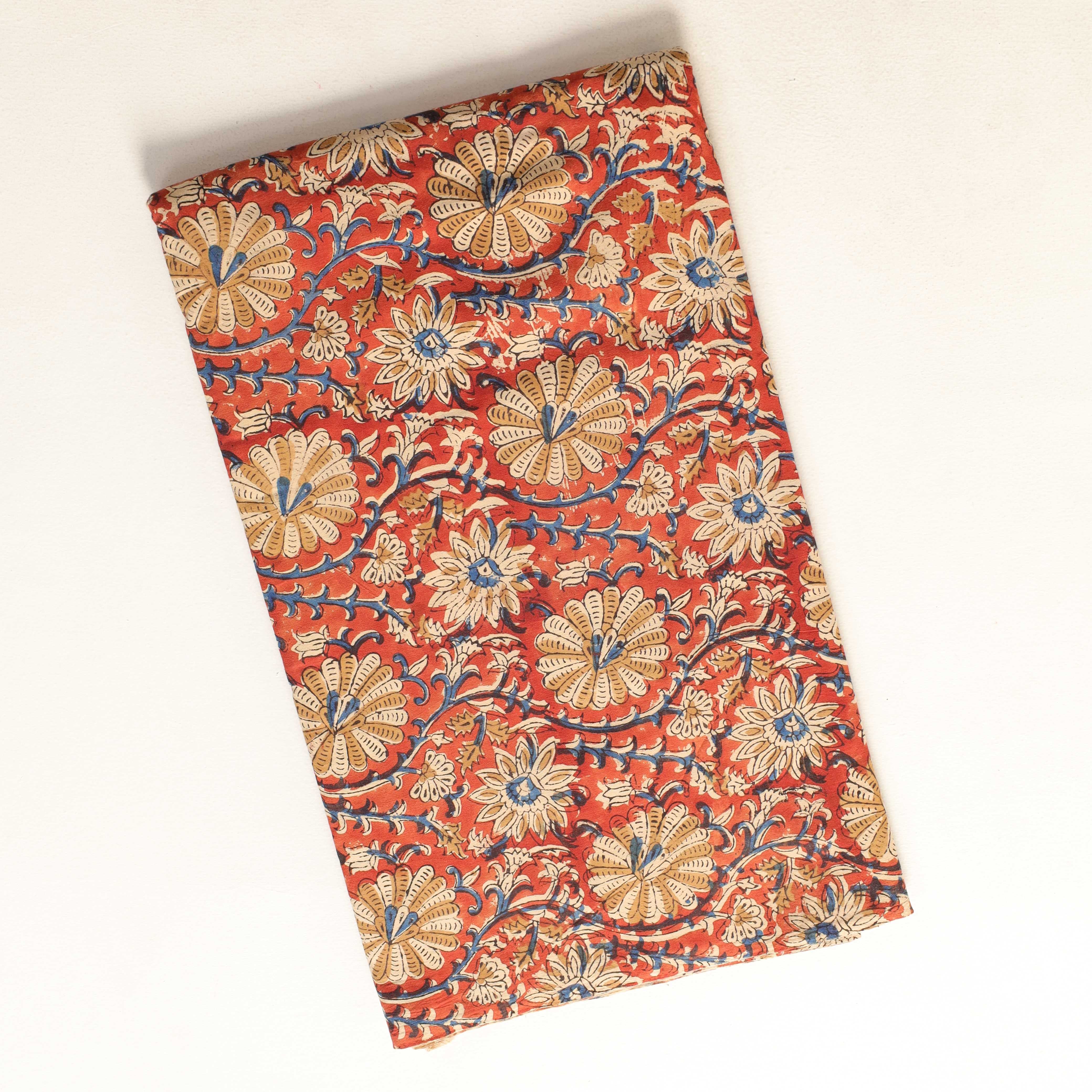 Terracotta & Teal Floral Hand Block Printed Cotton Fabric
