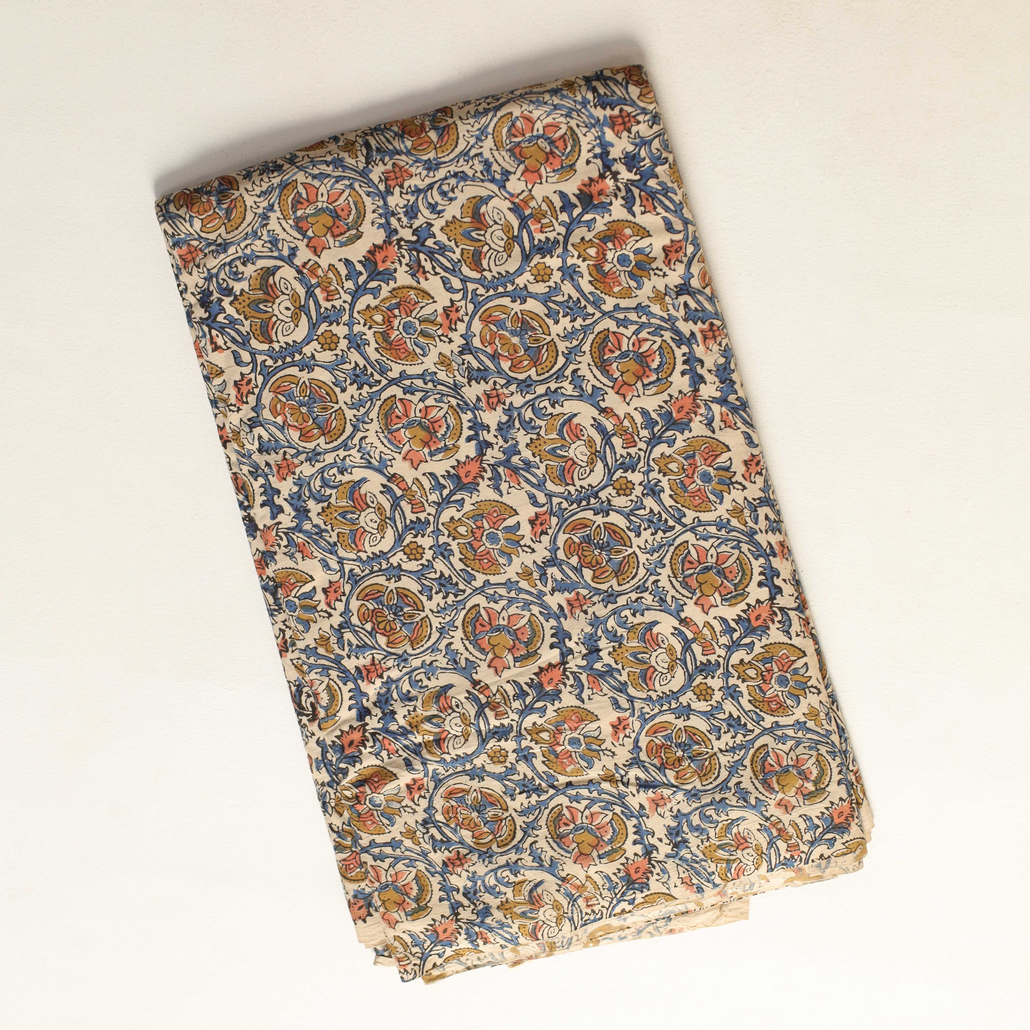 Indigo Hand Block Printed Cotton Fabric - Geometric Tile Motif