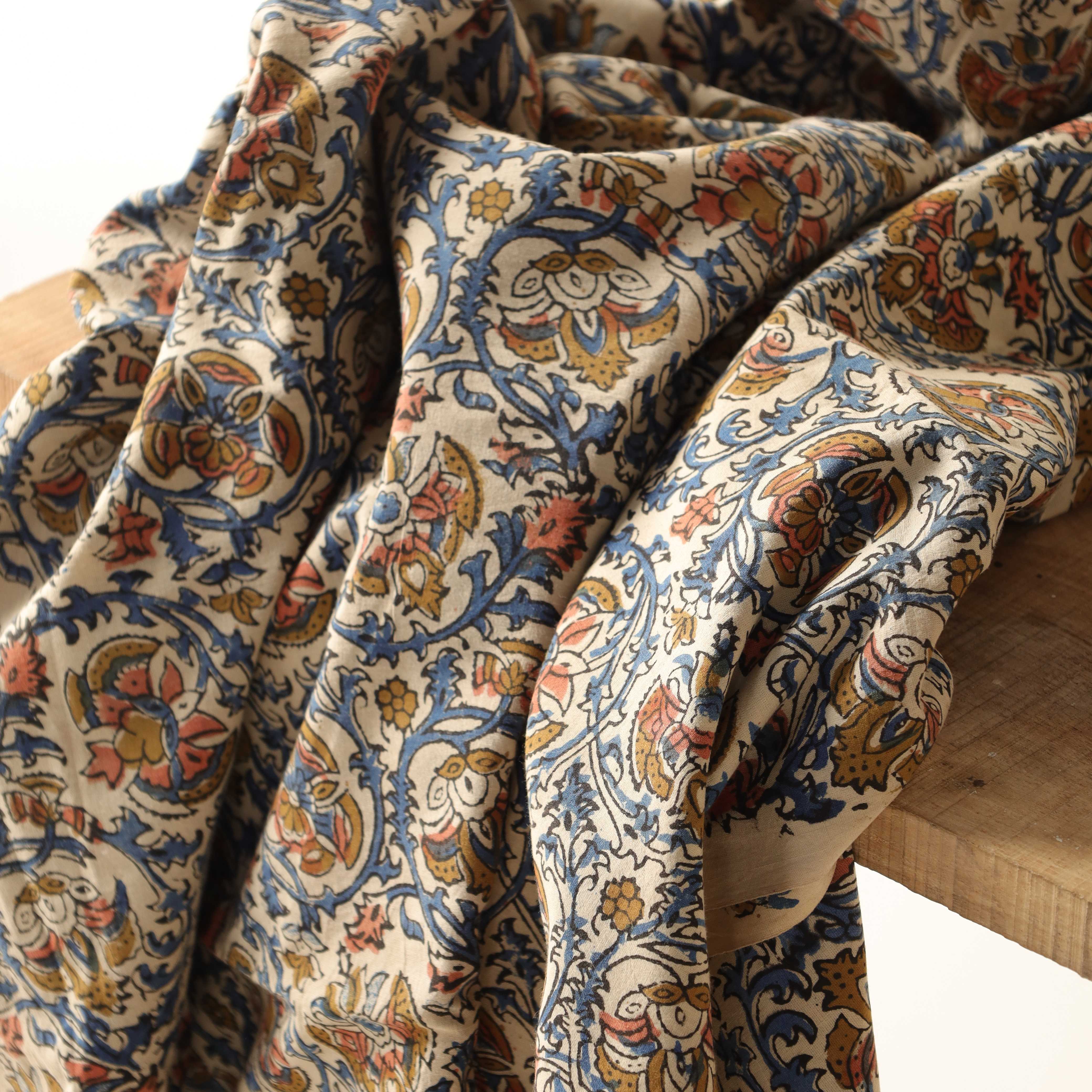 Indigo Hand Block Printed Cotton Fabric - Geometric Tile Motif