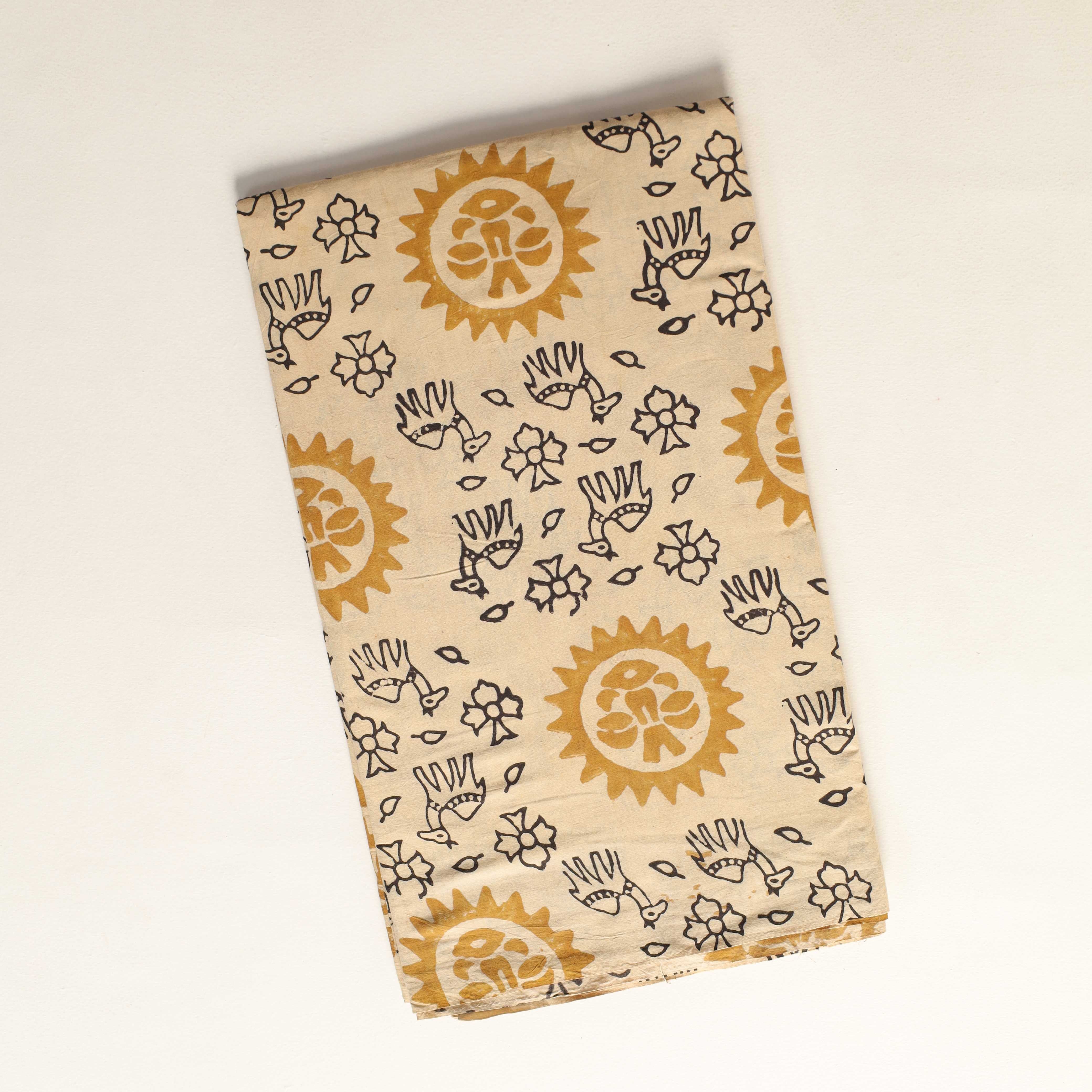 Artisan Hand Block Printed Cotton Fabric - Camel and Sun Motif in Ochre and Charcoal