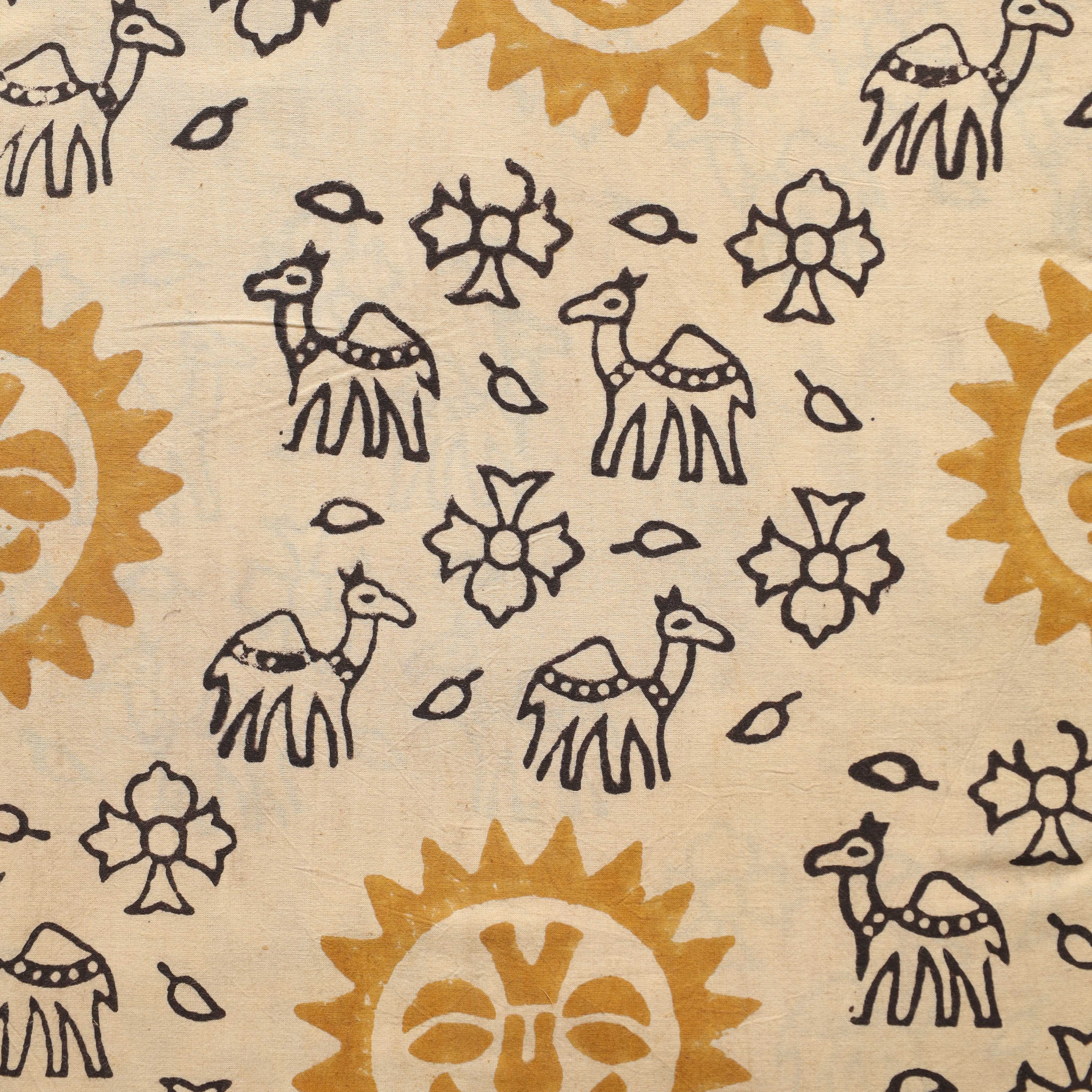 Artisan Hand Block Printed Cotton Fabric - Camel and Sun Motif in Ochre and Charcoal