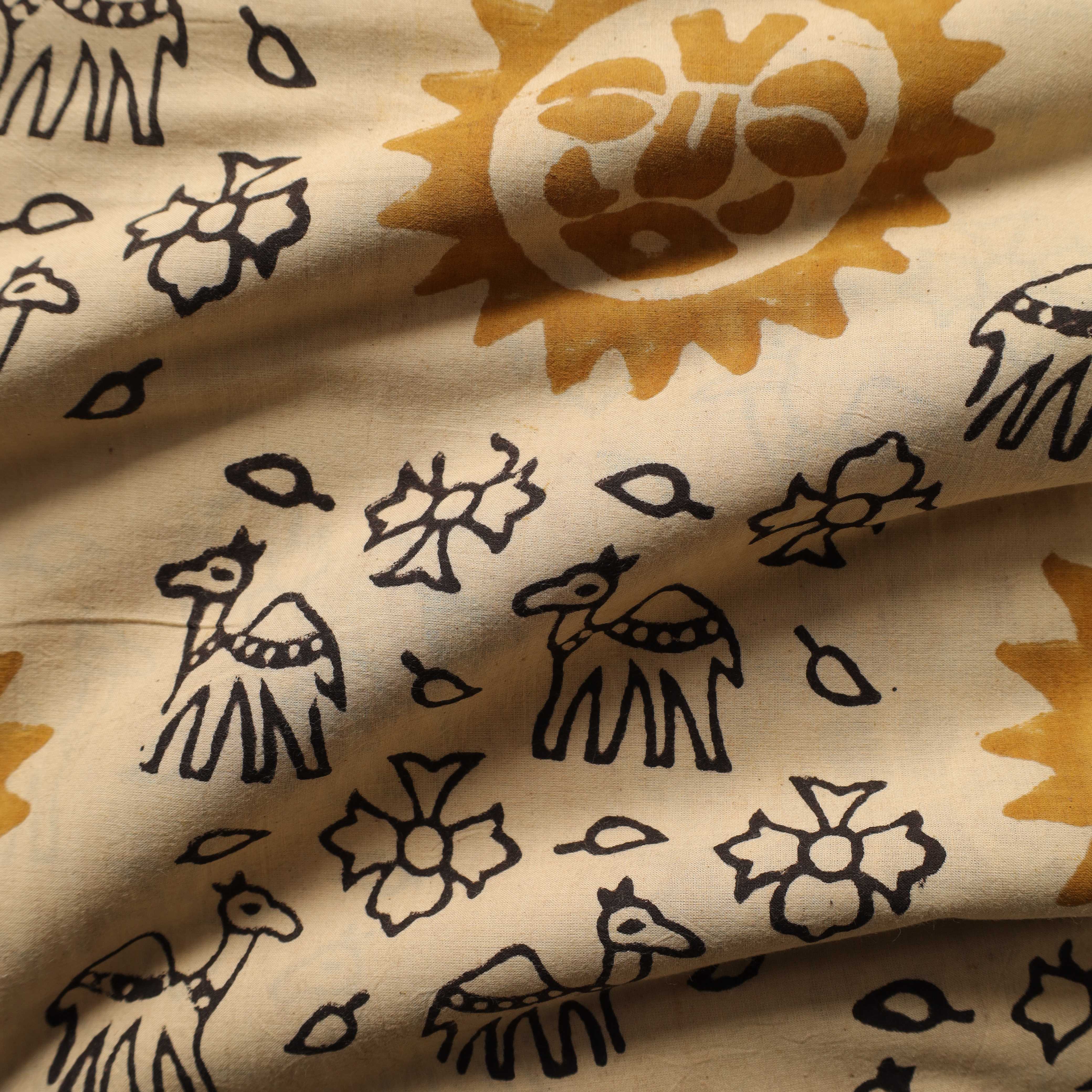 Artisan Hand Block Printed Cotton Fabric - Camel and Sun Motif in Ochre and Charcoal