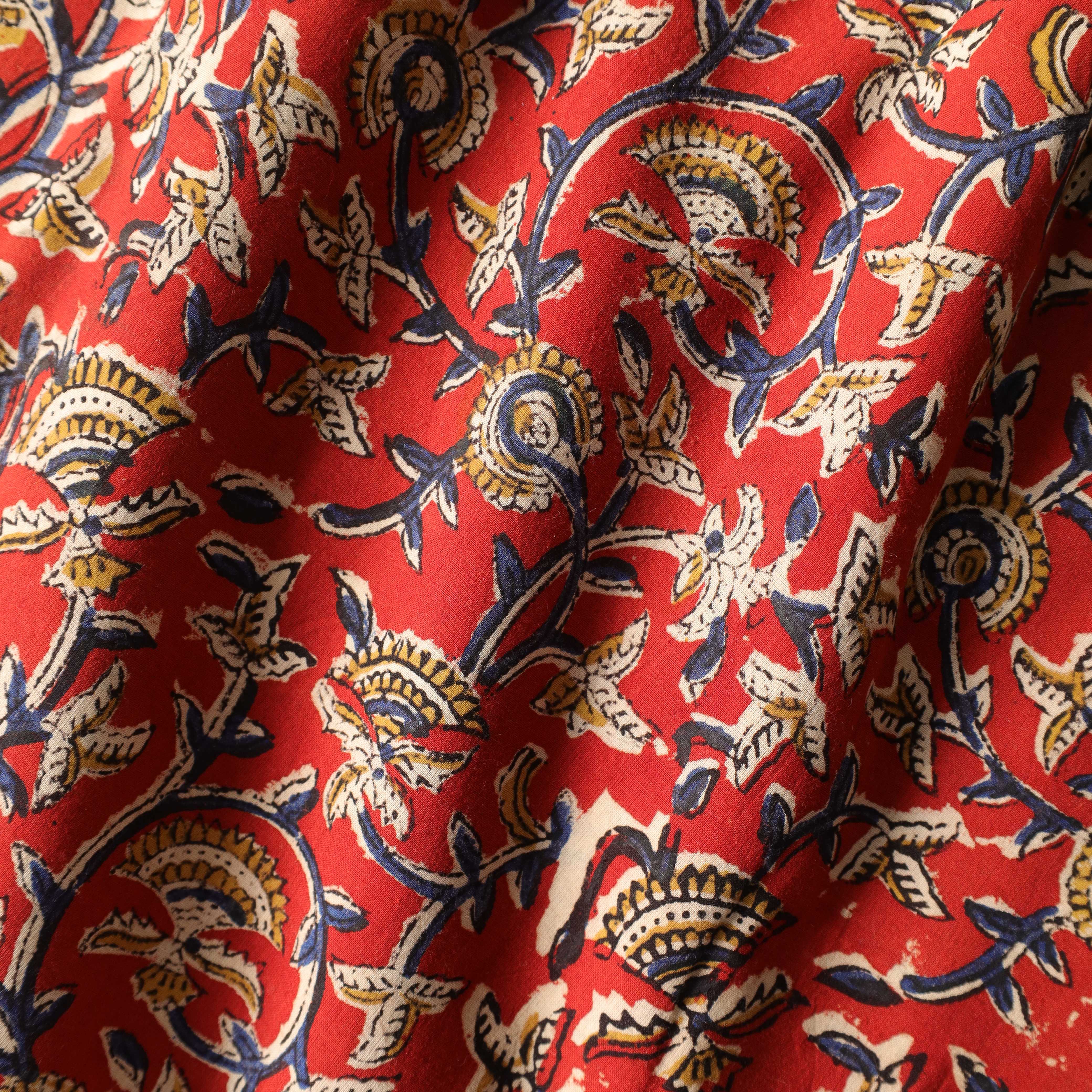 Artisan Hand Block Printed Cotton Fabric - Crimson Floral Vine