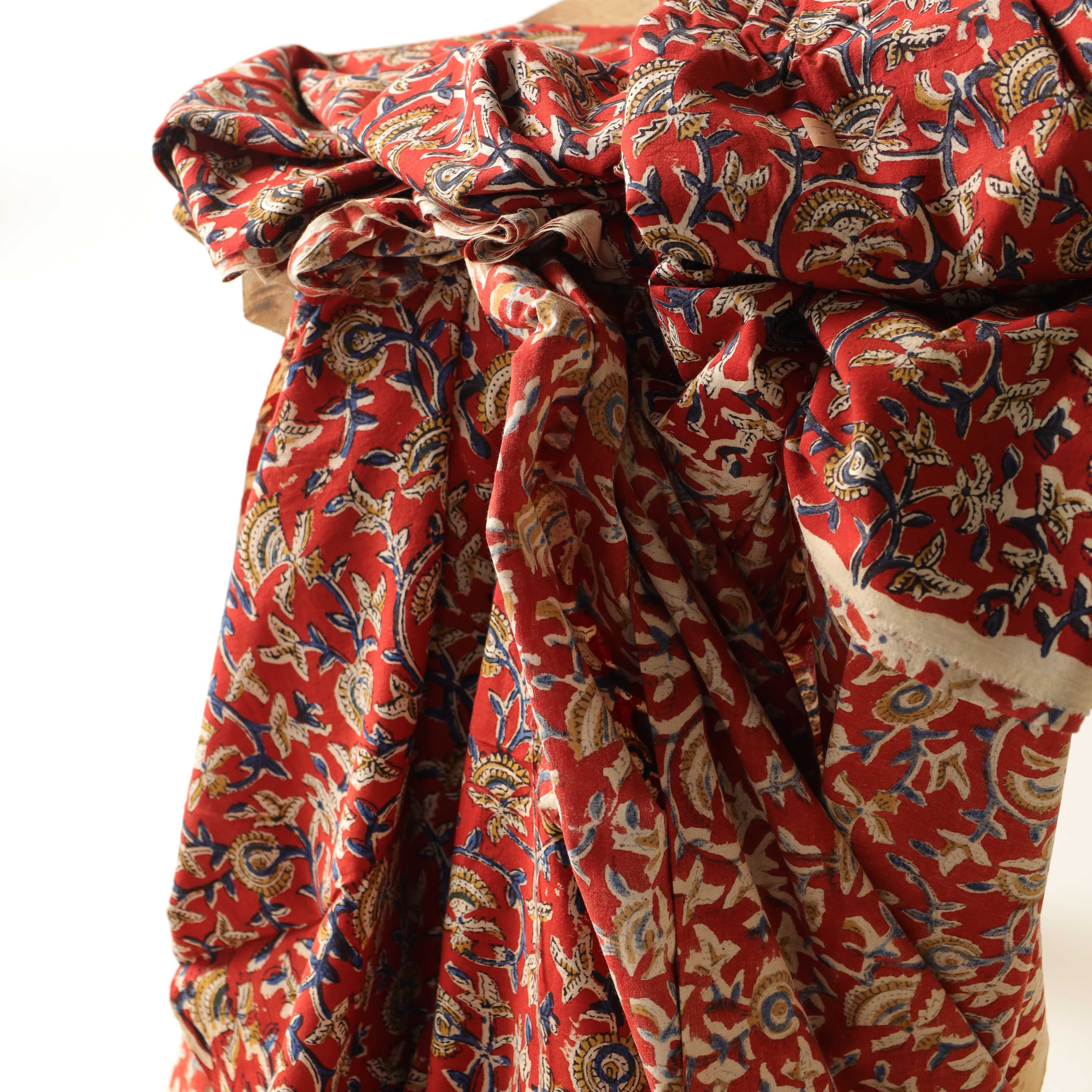Artisan Hand Block Printed Cotton Fabric - Crimson Floral Vine