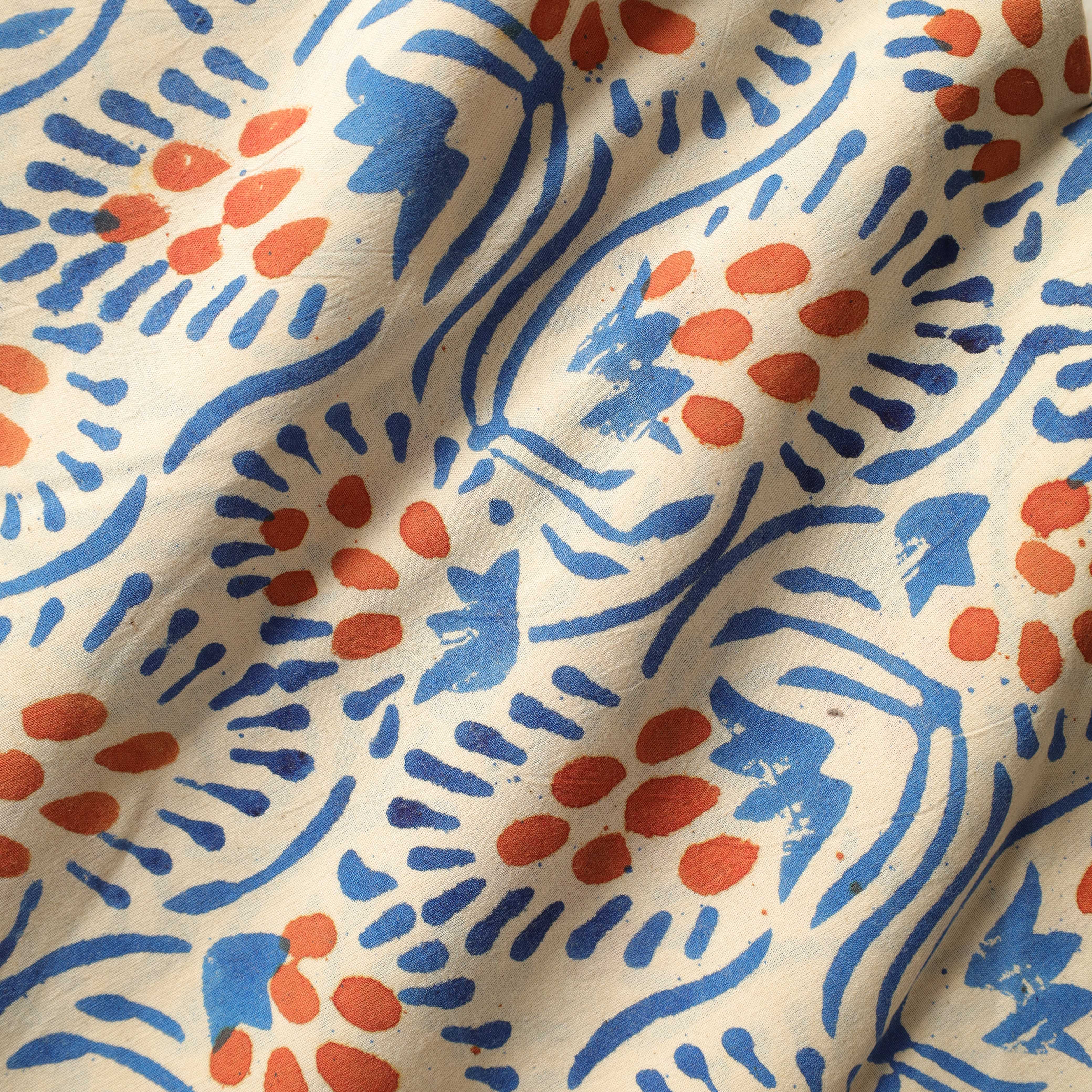 Artisan Hand Block Printed Cotton Fabric - Indigo and Terra Cotta Abstract Motif