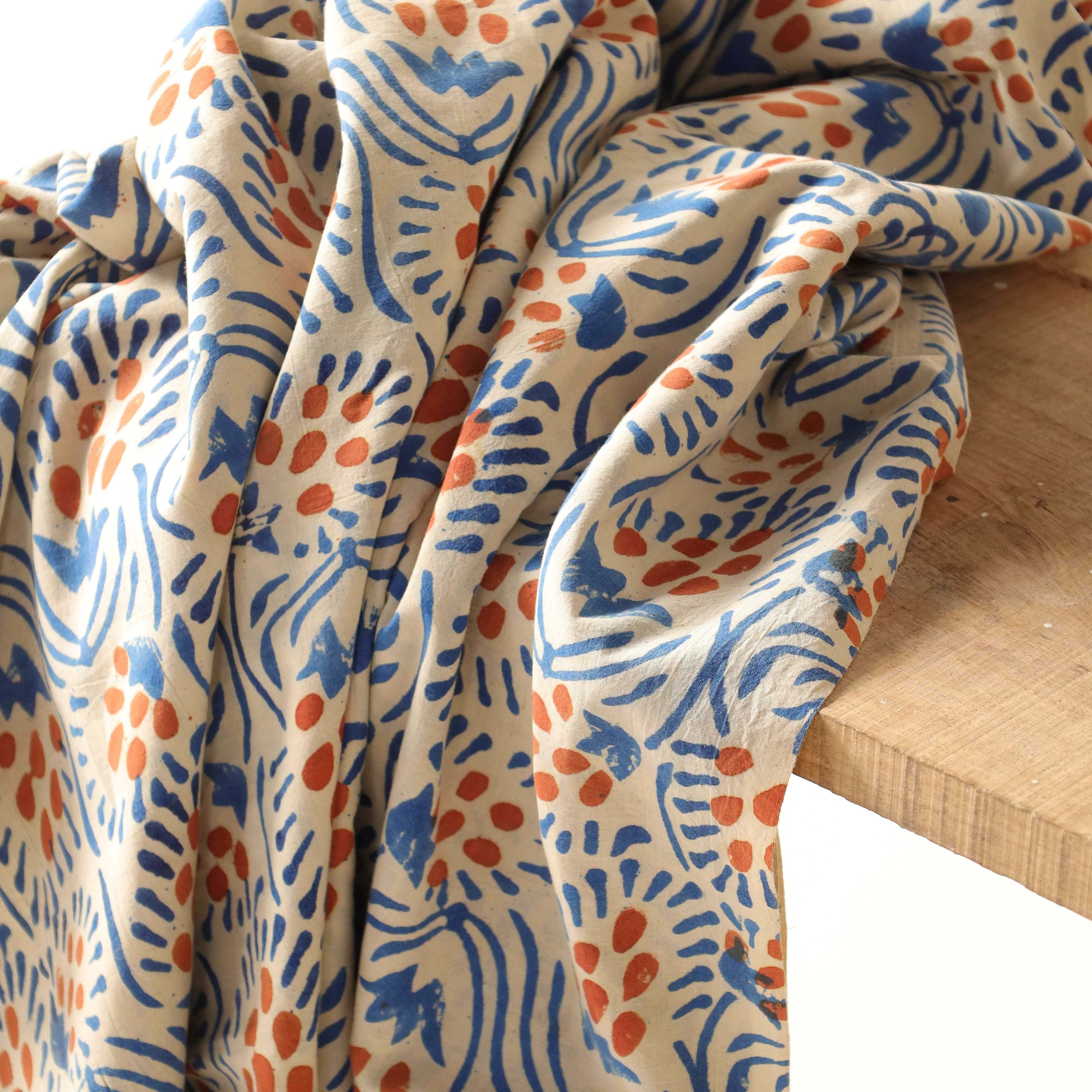Artisan Hand Block Printed Cotton Fabric - Indigo and Terra Cotta Abstract Motif