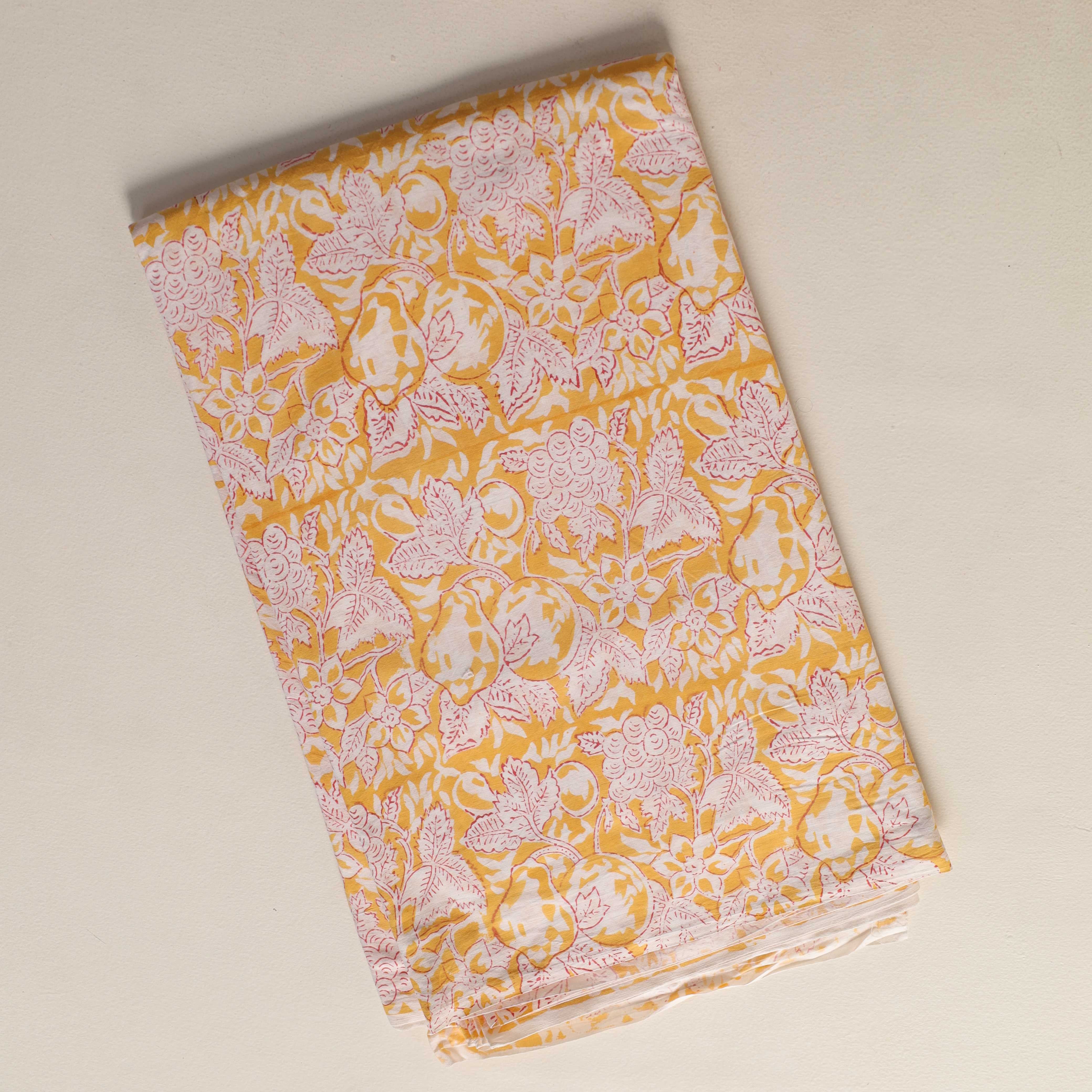 Artisan Hand Block Printed Cotton Fabric - Marigold Yellow & Floral Motif