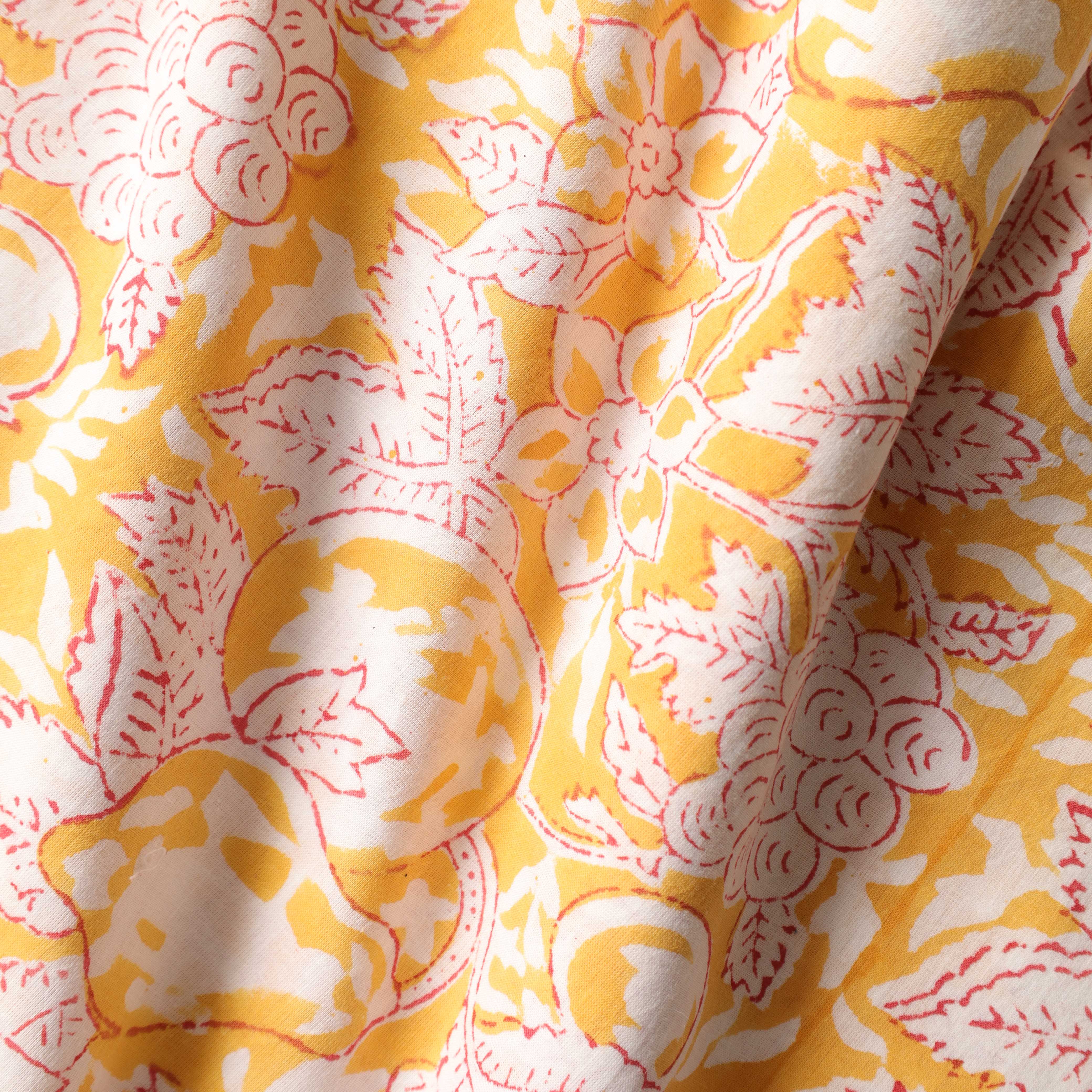 Artisan Hand Block Printed Cotton Fabric - Marigold Yellow & Floral Motif