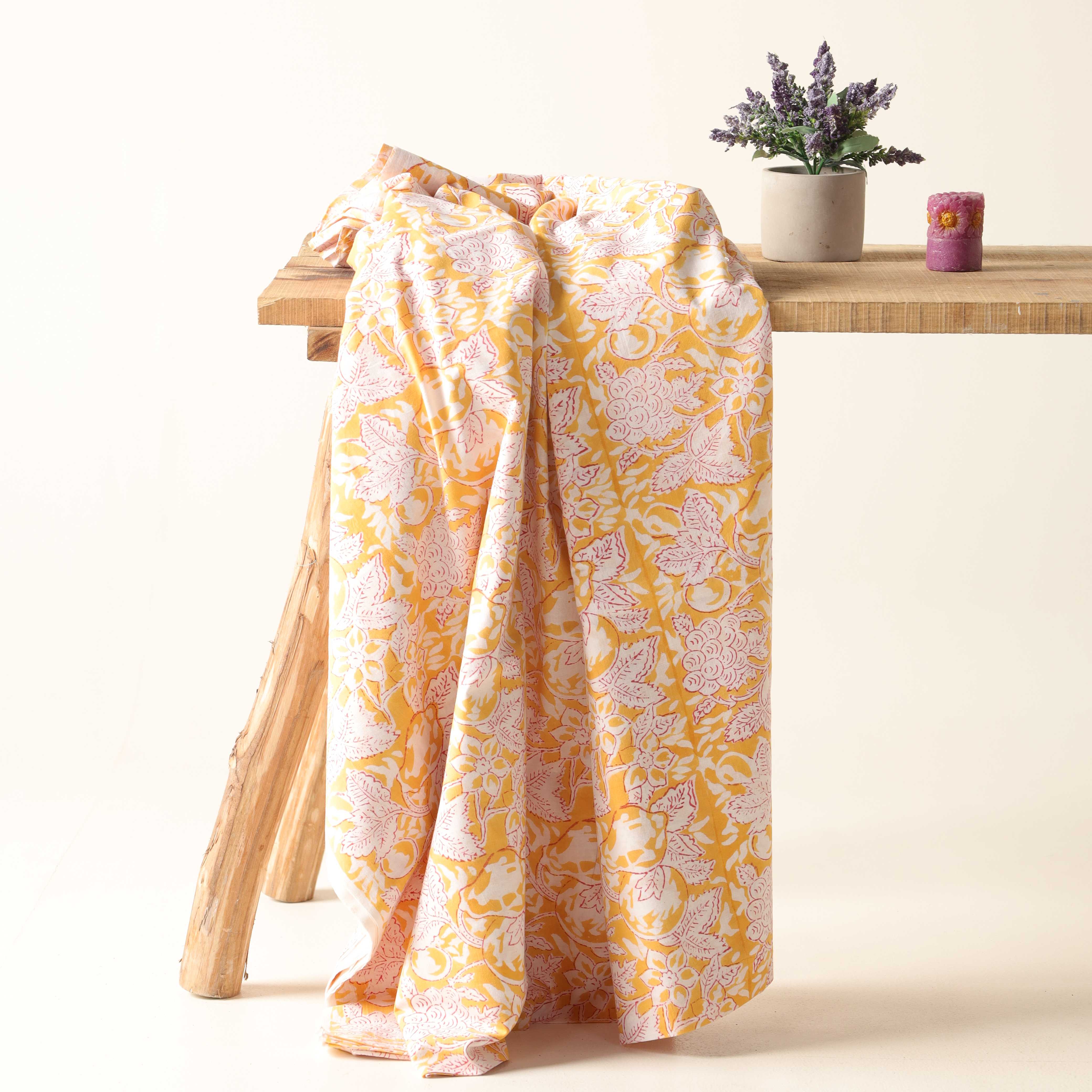 Artisan Hand Block Printed Cotton Fabric - Marigold Yellow & Floral Motif