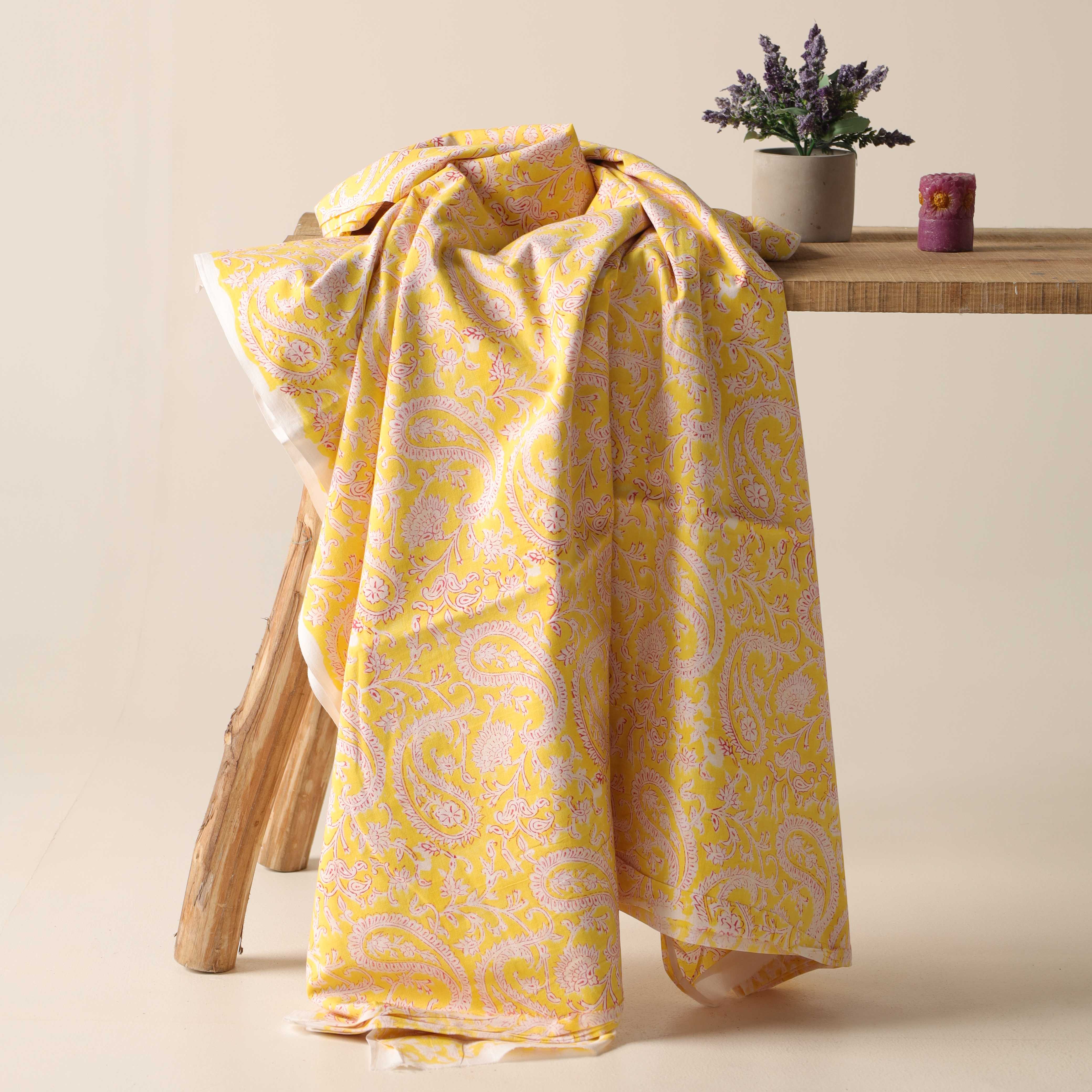 Artisan Hand Block Printed Cotton Fabric - Golden Canary Paisley