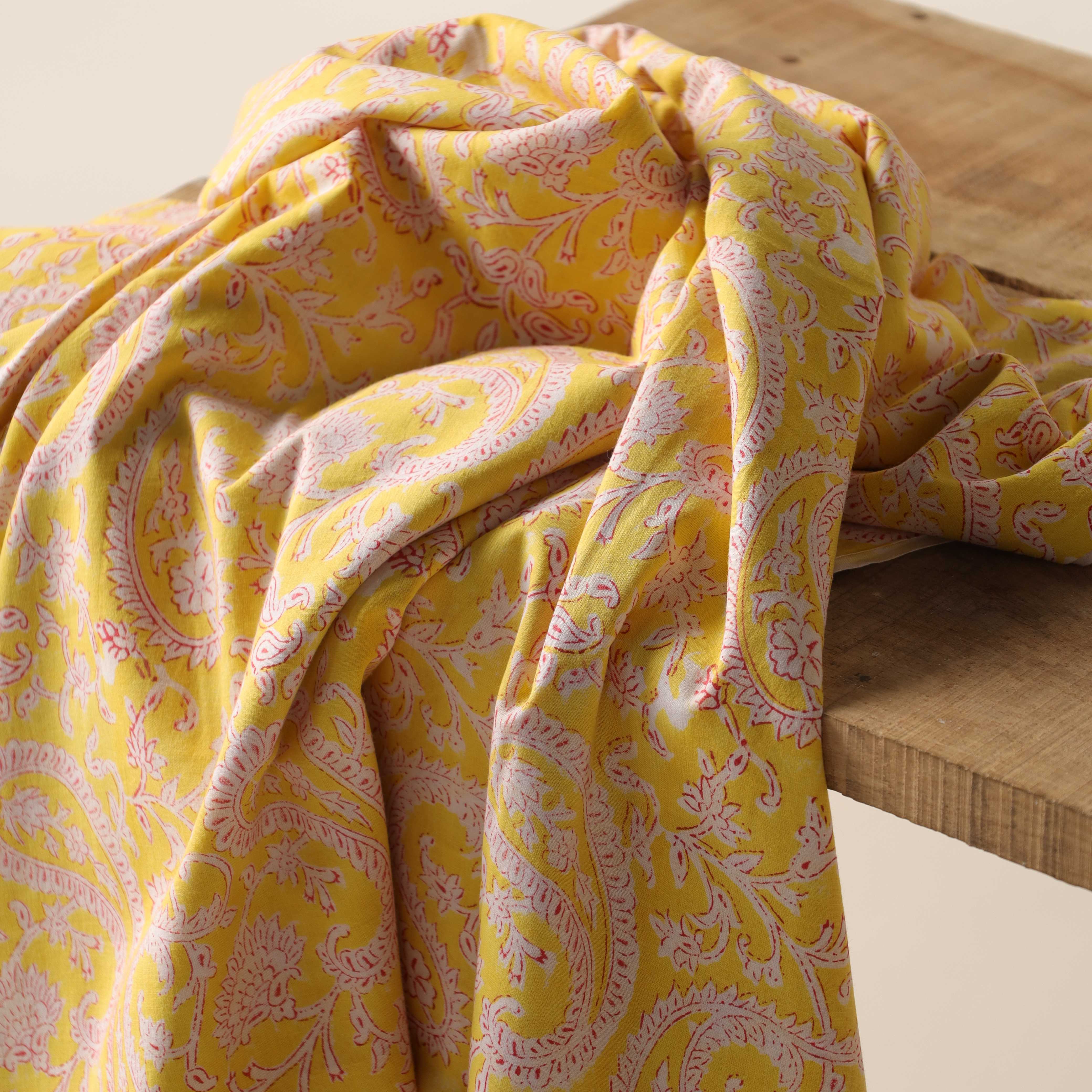 Artisan Hand Block Printed Cotton Fabric - Golden Canary Paisley
