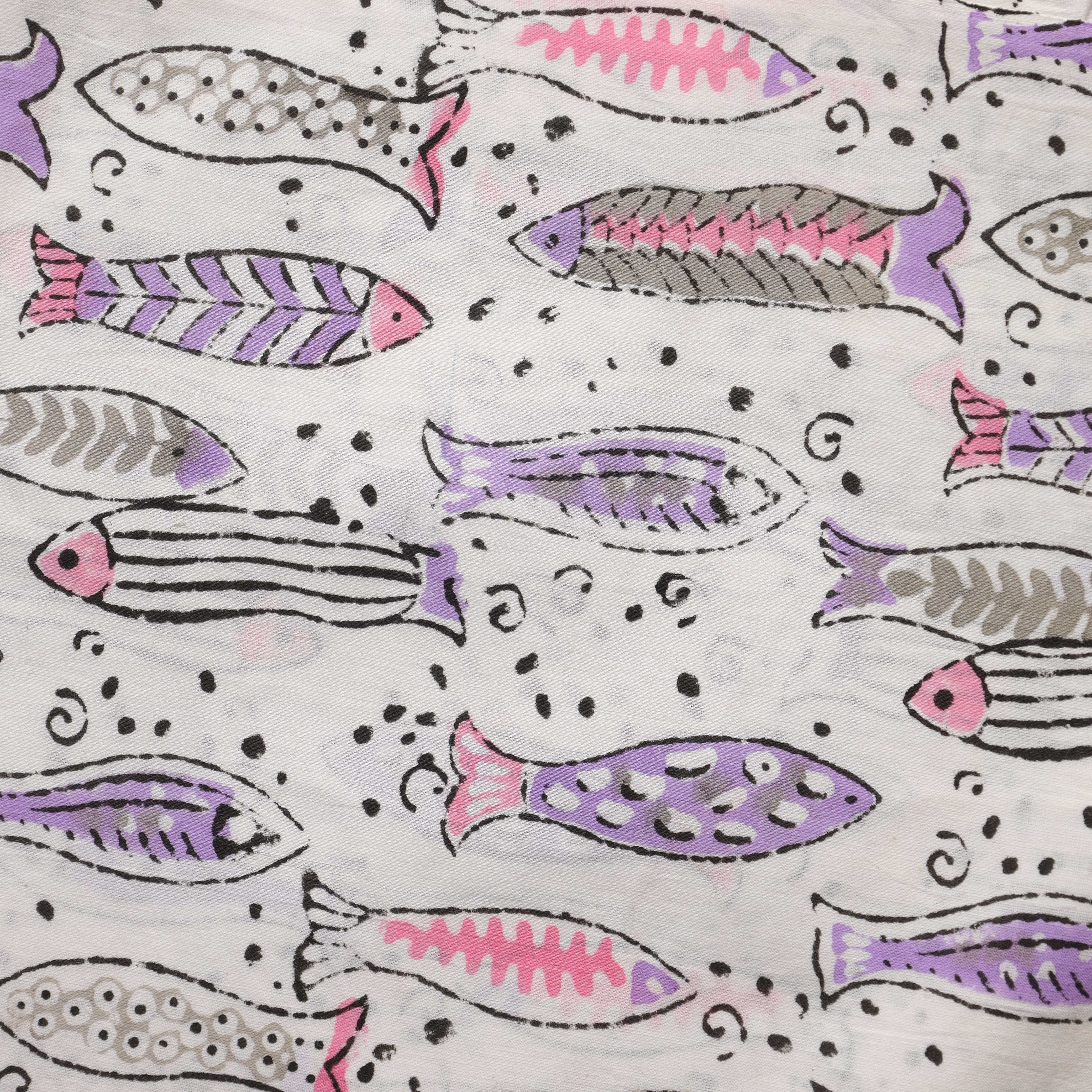 Artisan Hand Block Printed Cotton Fabric - Lavender & Grey Aquatic Motif