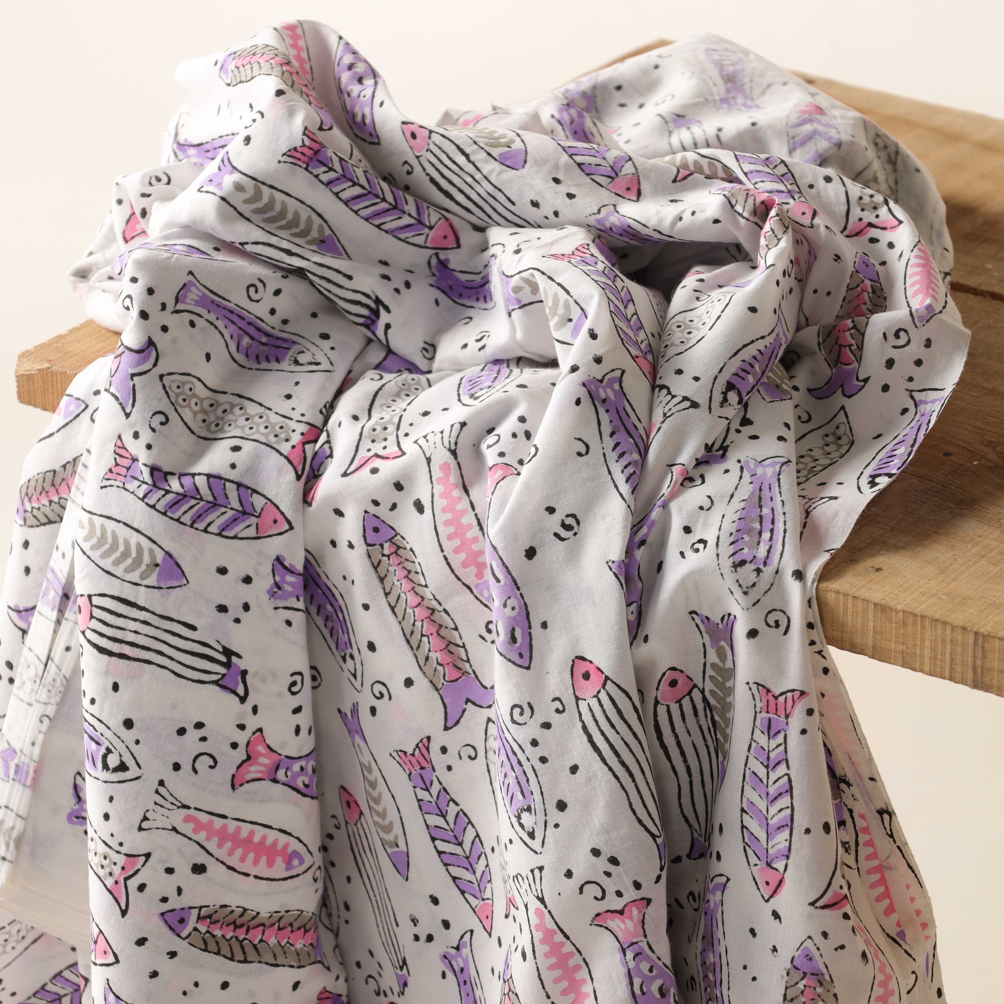 Artisan Hand Block Printed Cotton Fabric - Lavender & Grey Aquatic Motif