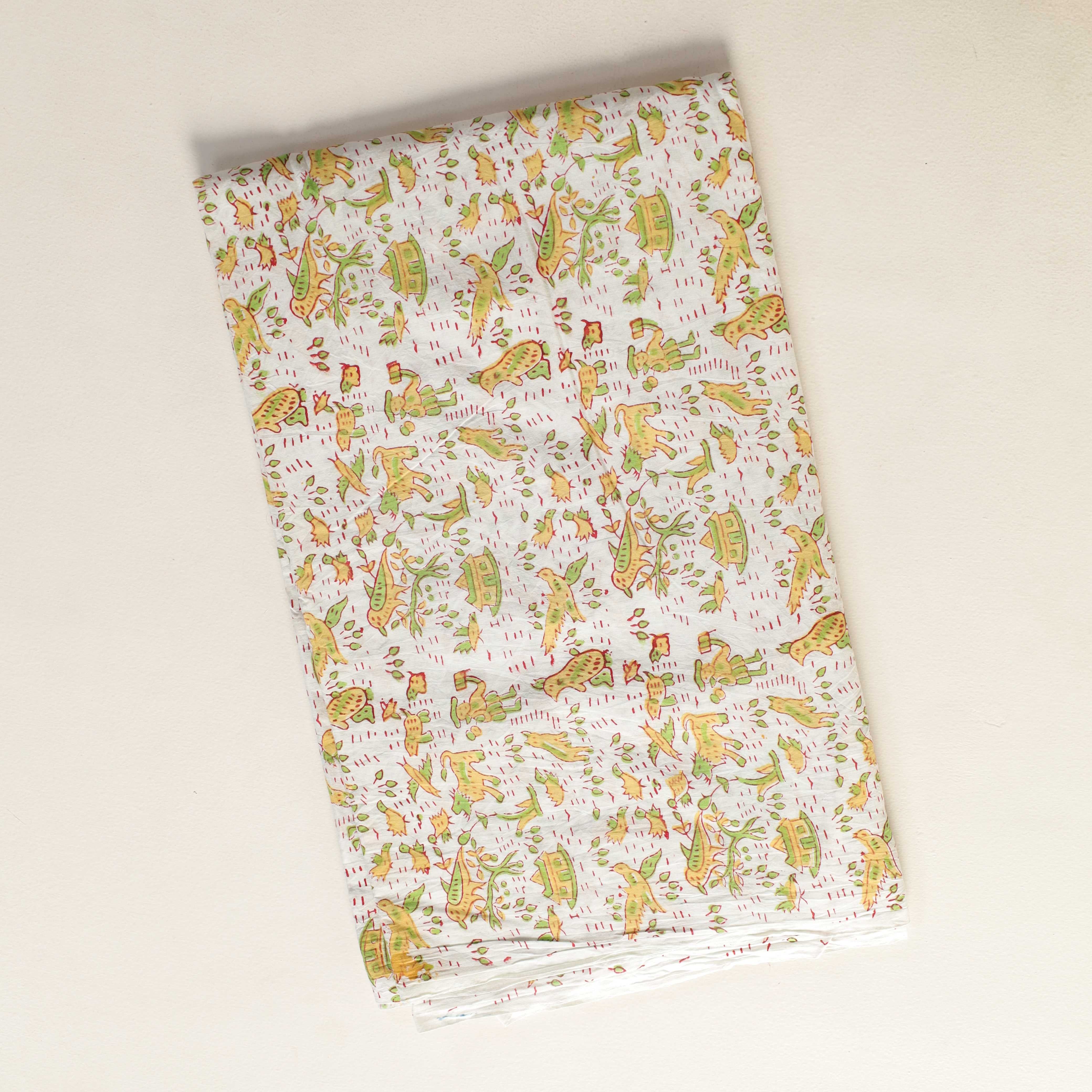 Artisan Hand Block Printed Cotton Fabric - Folk Motif in Ochre and Sage